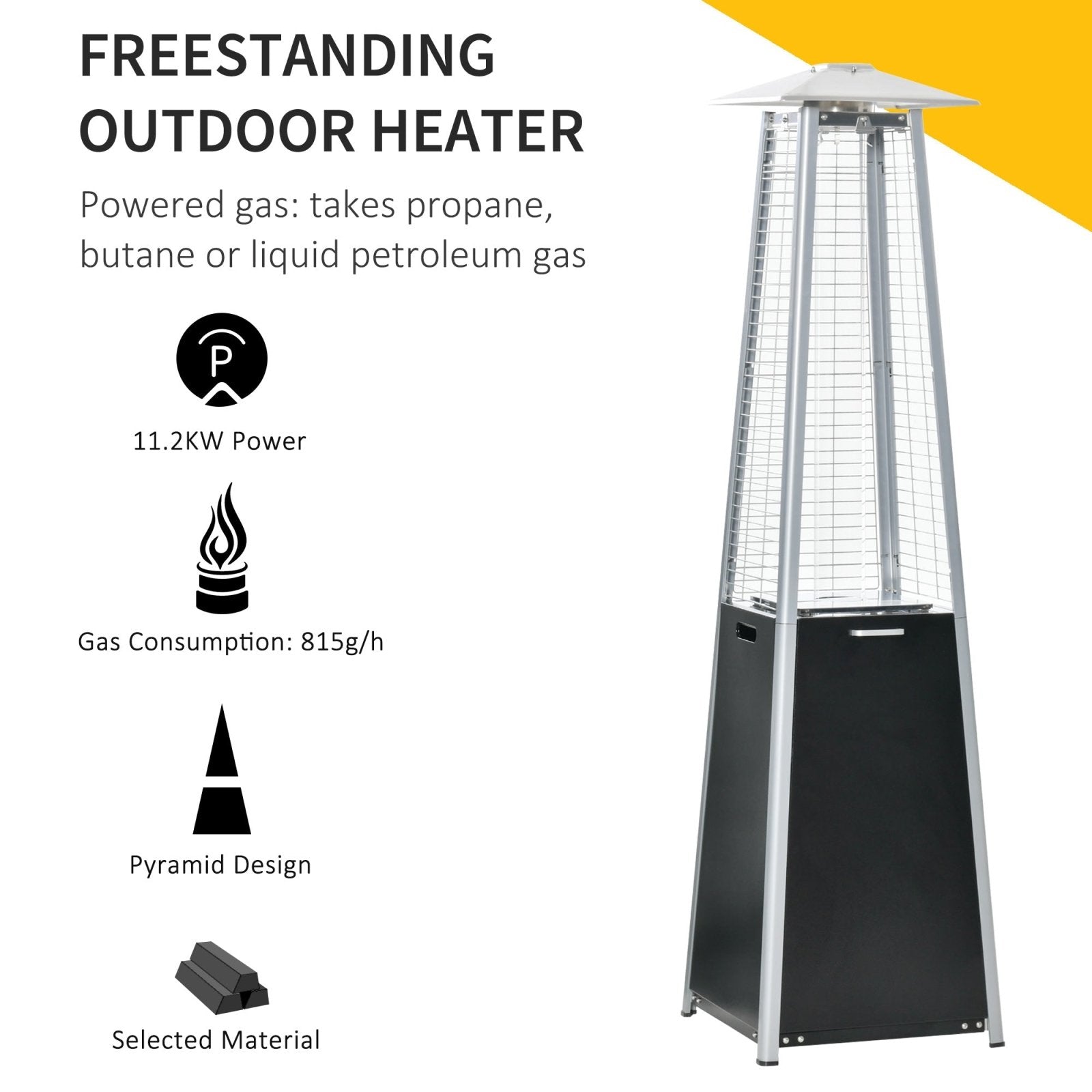 11.2KW Outdoor Patio Gas Heater Freestanding Pyramid Propane Heater Garden Tower Heater with Wheels, Dust Cover, Black, 50 x 50 x 190cm - Bedzy UK modern and affordable home furniture England