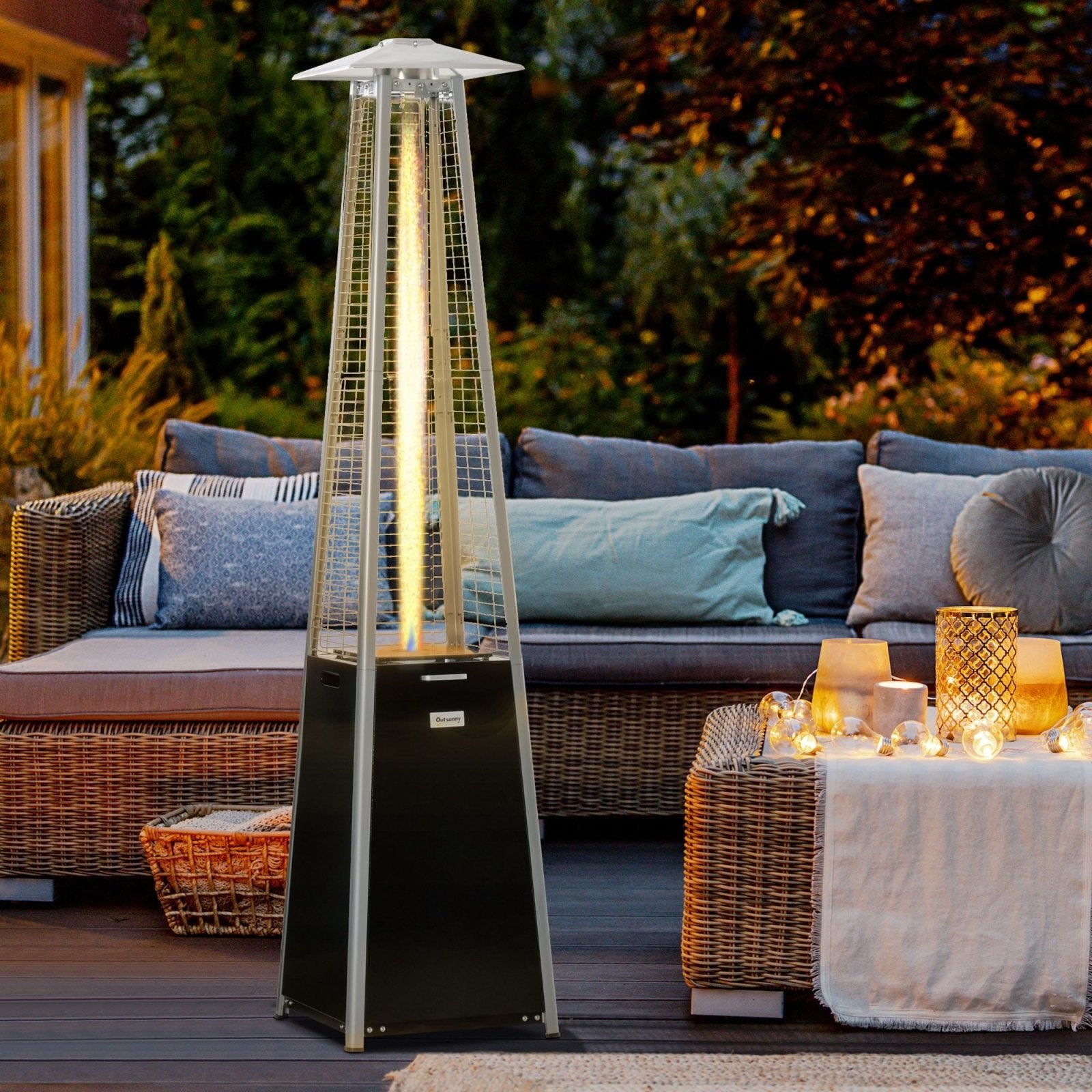 11.2KW Outdoor Patio Gas Heater Freestanding Pyramid Propane Heater Garden Tower Heater with Wheels, Dust Cover, Black, 50 x 50 x 225cm - Bedzy UK modern and affordable home furniture England