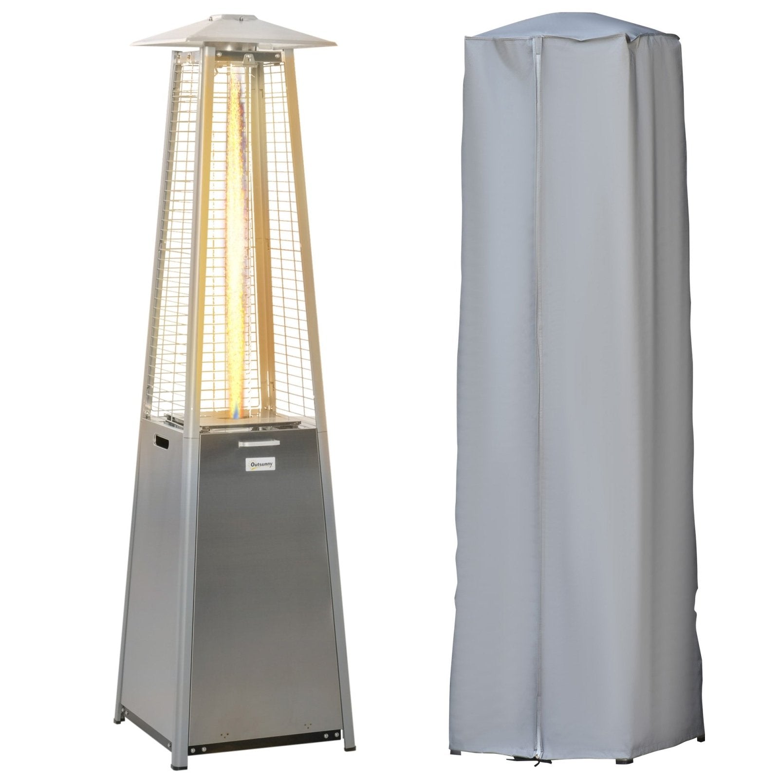 11.2KW Outdoor Patio Gas Heater Stainless Steel Pyramid Propane Heater Garden Freestanding Tower Heater with Wheels, Dust Cover, Silver - Bedzy UK modern and affordable home furniture England