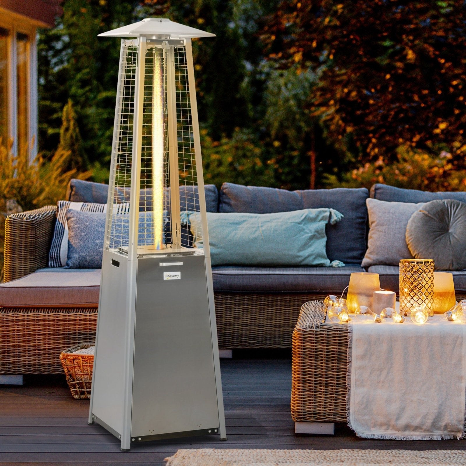 11.2KW Outdoor Patio Gas Heater Stainless Steel Pyramid Propane Heater Garden Freestanding Tower Heater with Wheels, Dust Cover, Silver - Bedzy UK modern and affordable home furniture England