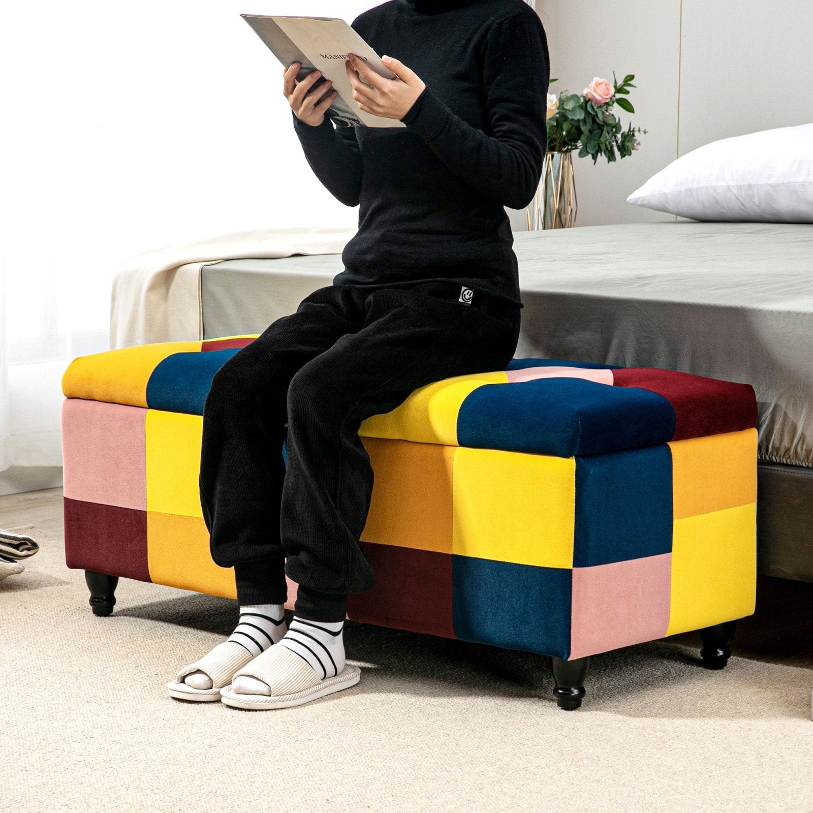 114 x 47 x 47cm Velvet Storage Ottoman, Button - tufted Footstool Box, Toy Chest with Lid for Living Room, Bedroom, Multicoloured - Bedzy UK modern and affordable home furniture England