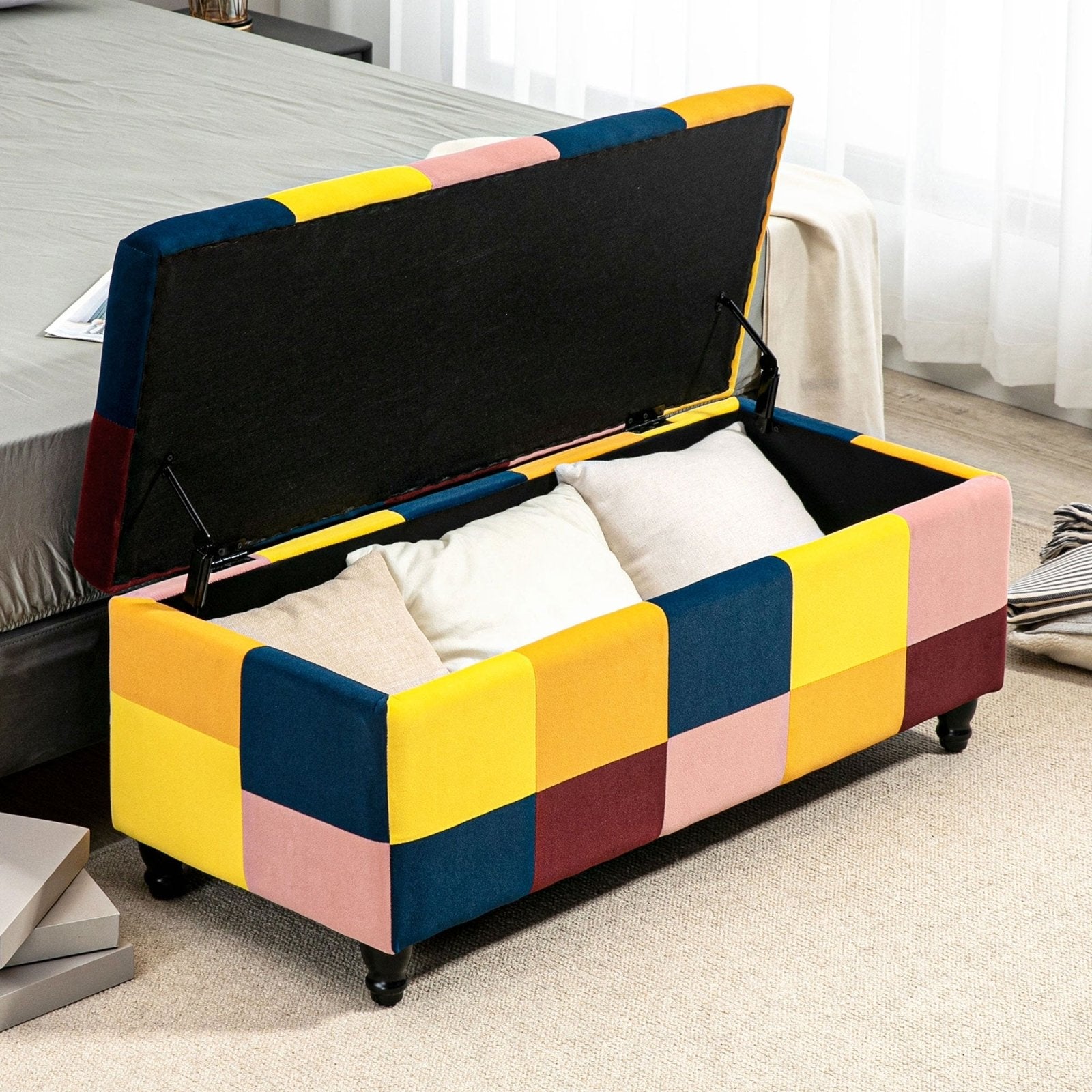 114 x 47 x 47cm Velvet Storage Ottoman, Button - tufted Footstool Box, Toy Chest with Lid for Living Room, Bedroom, Multicoloured - Bedzy UK modern and affordable home furniture England