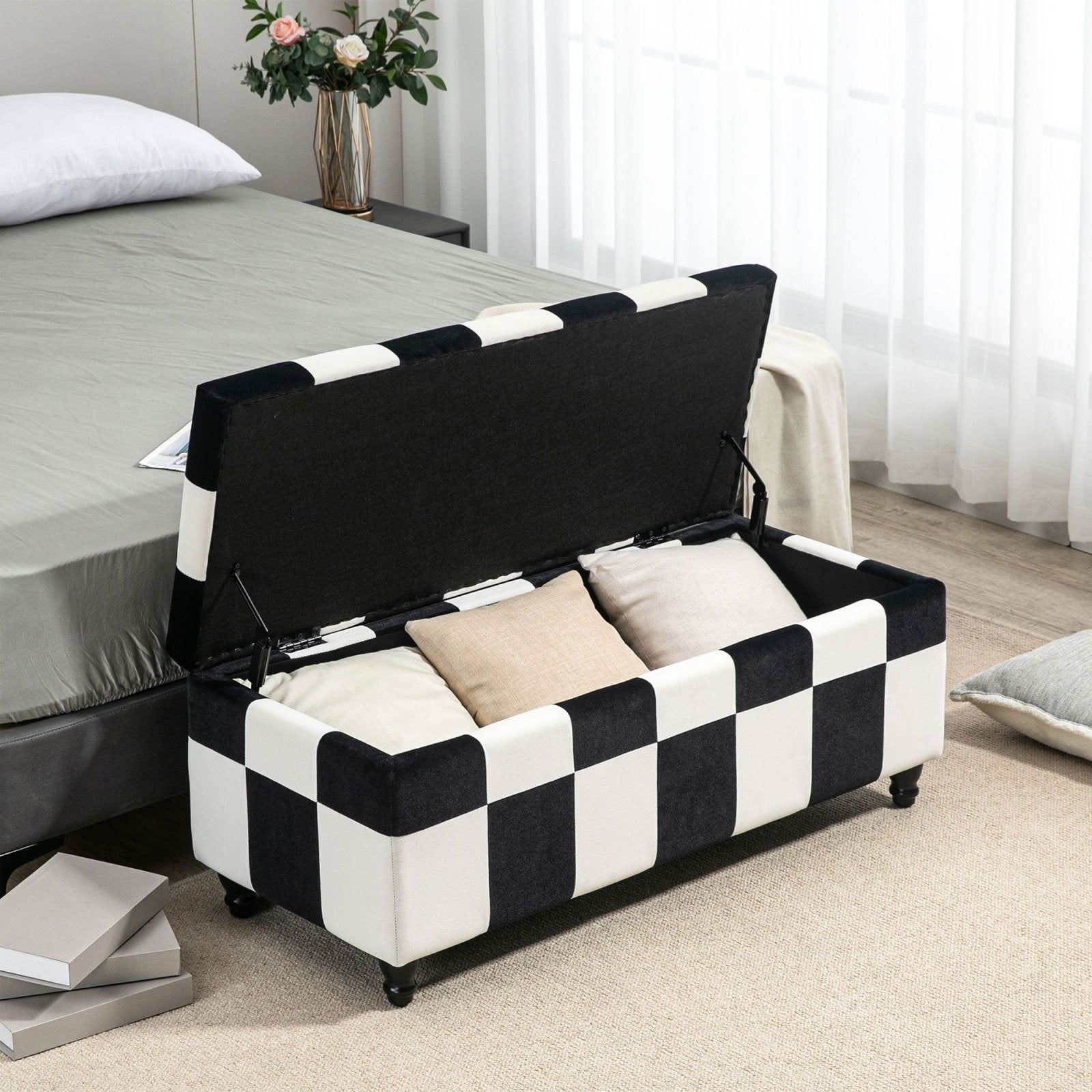 114 x 47 x 47cm Velvet Storage Ottoman, Button - tufted Footstool Box, Toy Chest with Lid for Living Room, Bedroom, White and Black - Bedzy UK modern and affordable home furniture England