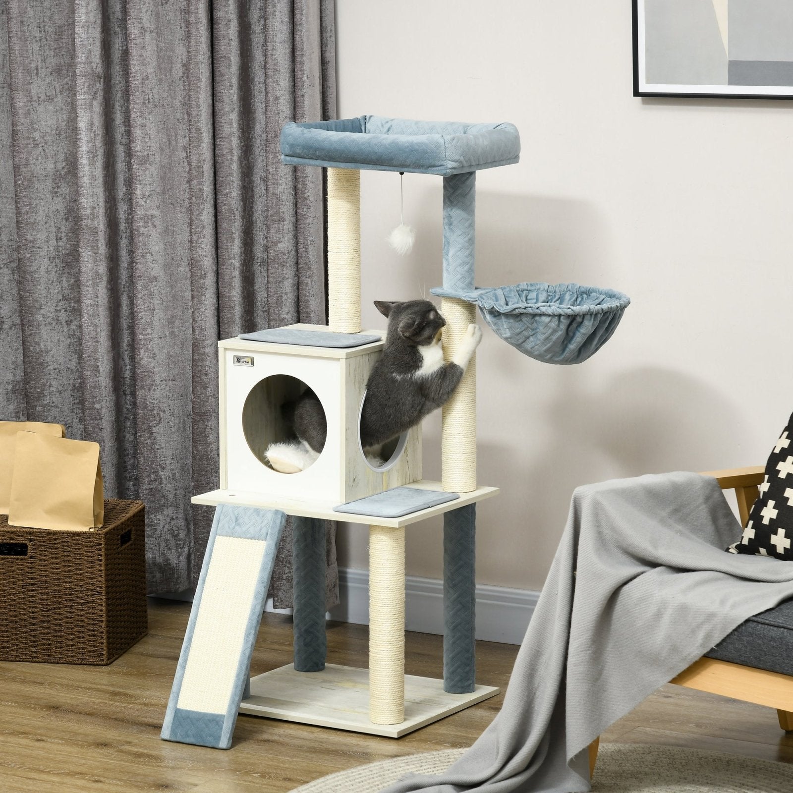 114cm Cat Tree for Indoor Cats, with Scratching Posts, hammock, Bed, House - Bedzy UK modern and affordable home furniture England