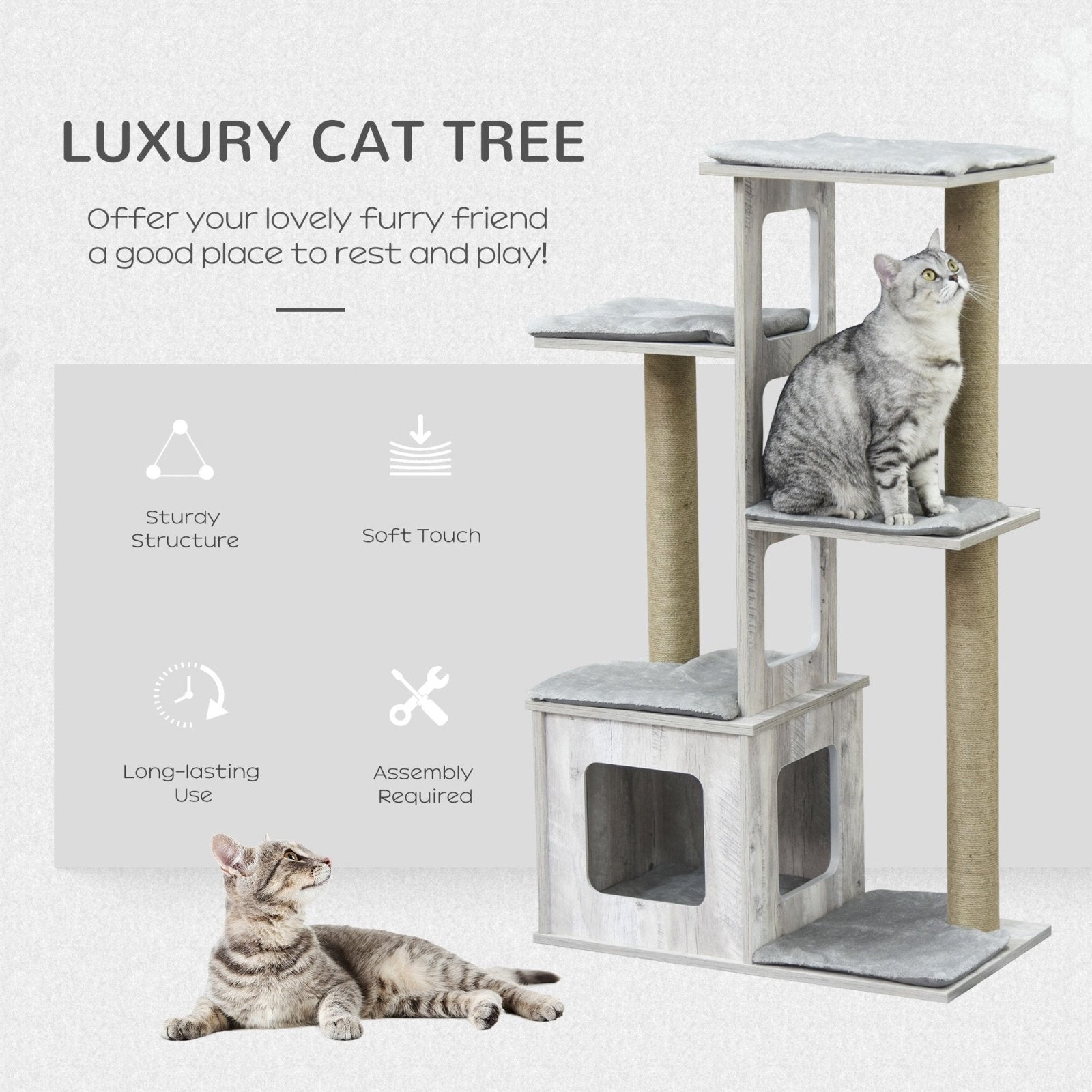 114cm Cat Tree for Indoor Large Cats Condo Jute Scratching Post Cat Tower Kitten Play House Activity Center Furniture Grey - Bedzy UK modern and affordable home furniture England