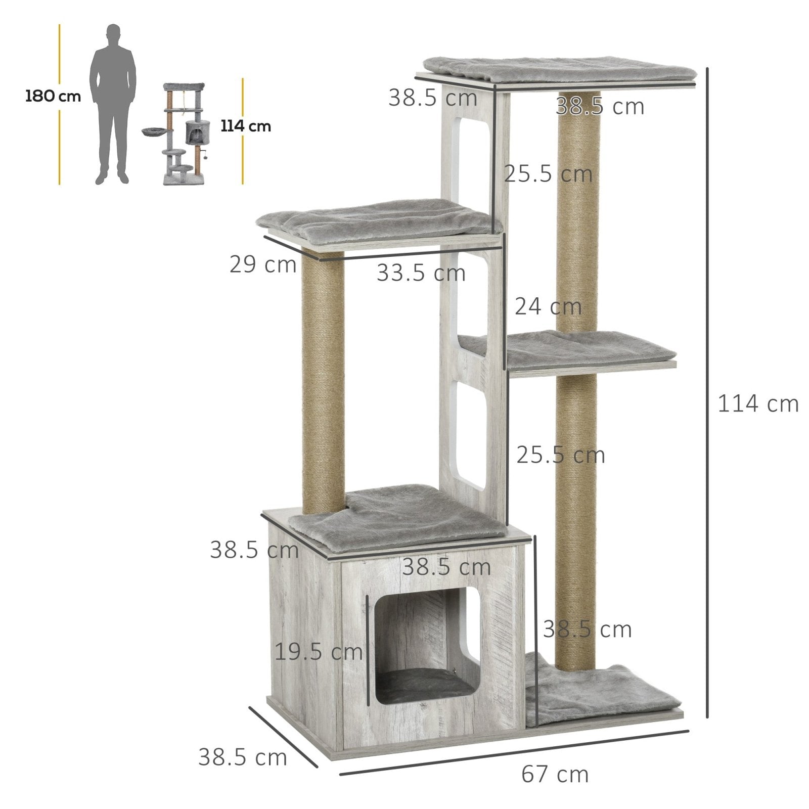 114cm Cat Tree for Indoor Large Cats Condo Jute Scratching Post Cat Tower Kitten Play House Activity Center Furniture Grey - Bedzy UK modern and affordable home furniture England