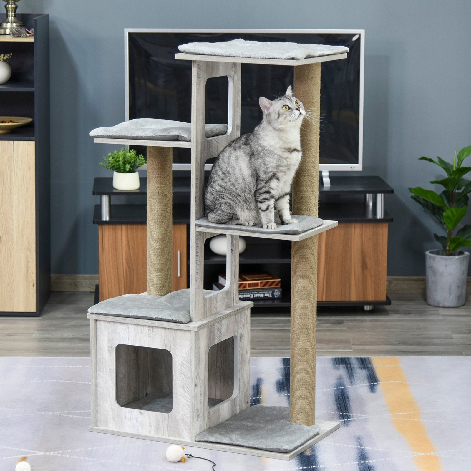 114cm Cat Tree for Indoor Large Cats Condo Jute Scratching Post Cat Tower Kitten Play House Activity Center Furniture Grey - Bedzy UK modern and affordable home furniture England