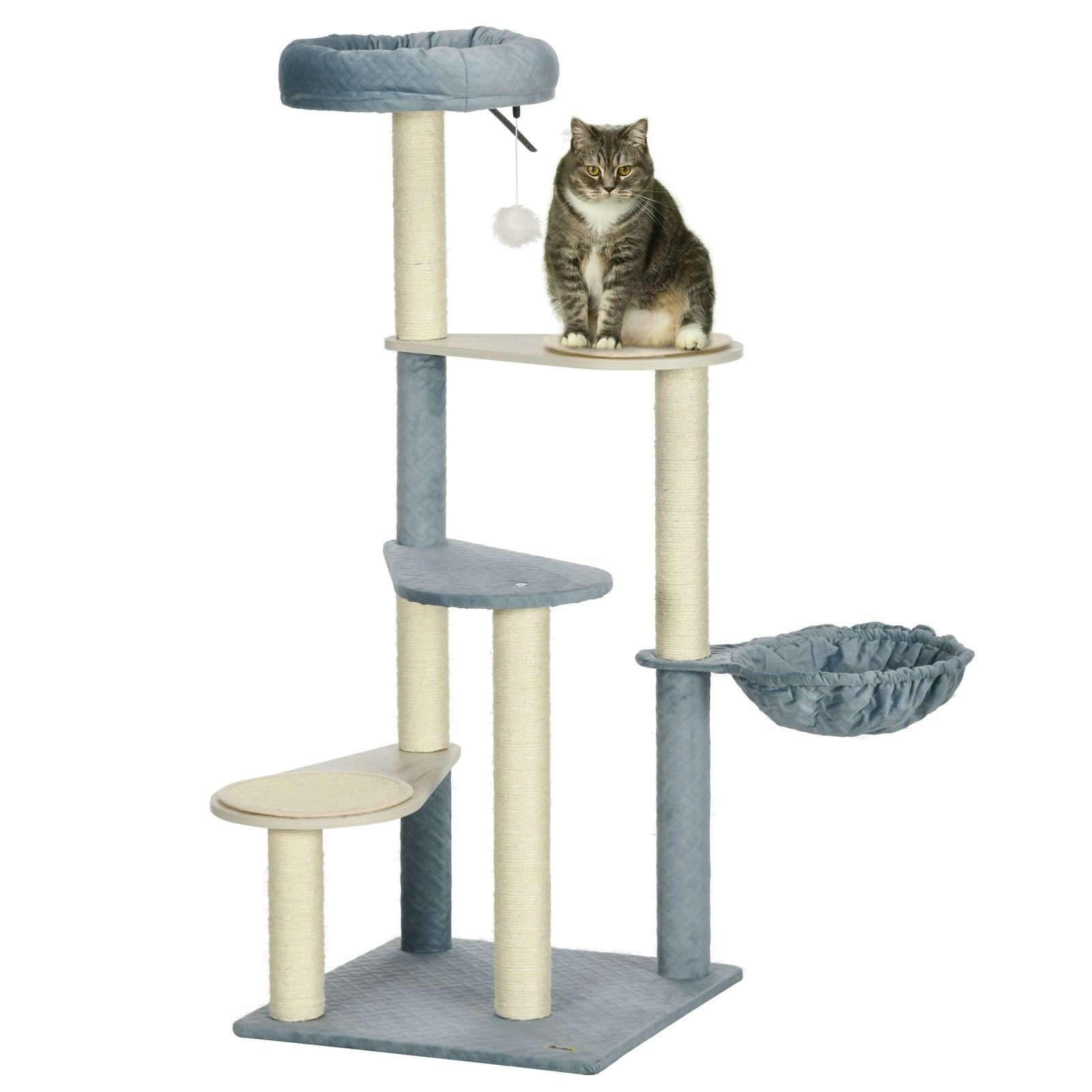 118.5cm Cat Tree for Indoor Cats, Cat Tower with Scratching Posts, Mats, Hammock, Cat Bed, Ball Toy, Grey Blue - Bedzy UK modern and affordable home furniture England