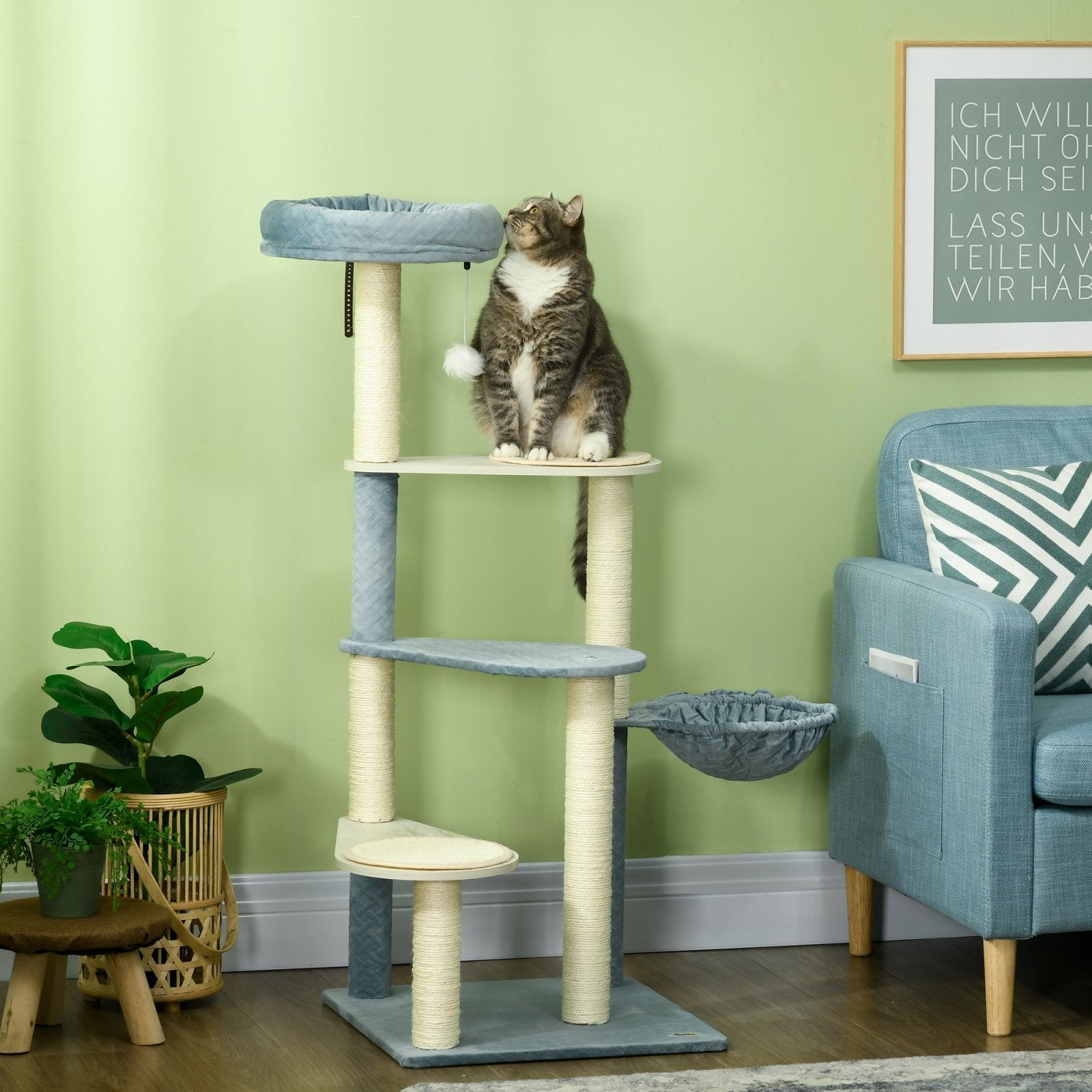 118.5cm Cat Tree for Indoor Cats, Cat Tower with Scratching Posts, Mats, Hammock, Cat Bed, Ball Toy, Grey Blue - Bedzy UK modern and affordable home furniture England