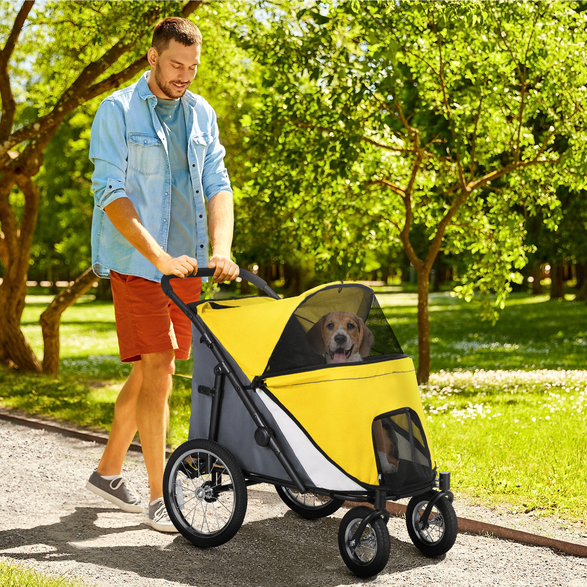 Foldable Pet Stroller, with Washable Cushion, Storage Bags, Safety Leash, for Medium, Large Dogs, Catts, Travel - Yellow