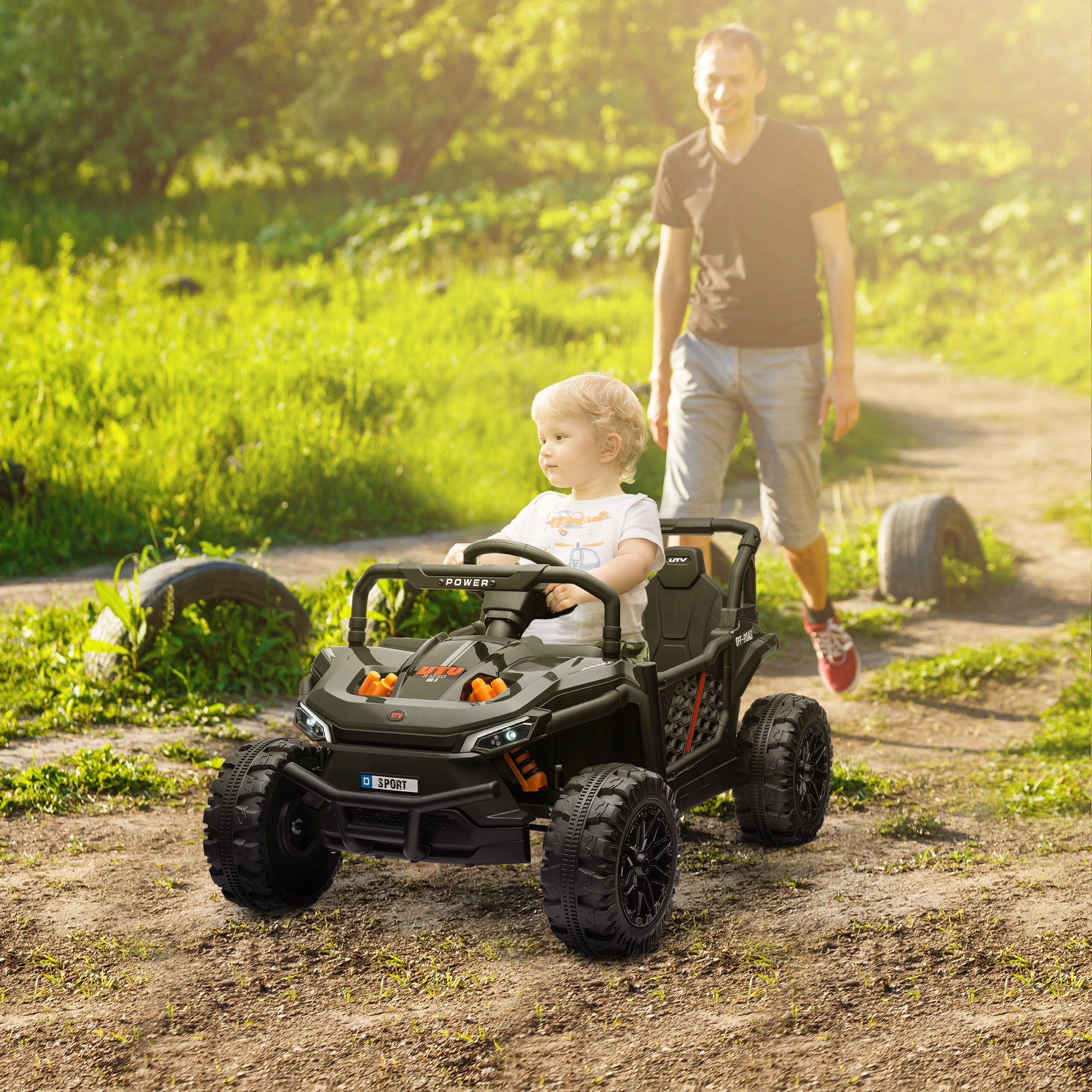 12V Battery Powered Ride on Truck w/ Remote, 4 Suspension Wheels, Horn Lights Music USB, for 3-5 Years Old - Black