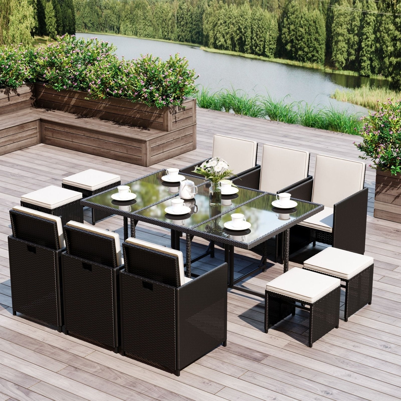 11PC Rattan Garden Furniture Outdoor Patio Dining Table Set Weave Wicker 10 Seater Stool Black - Bedzy UK modern and affordable home furniture England