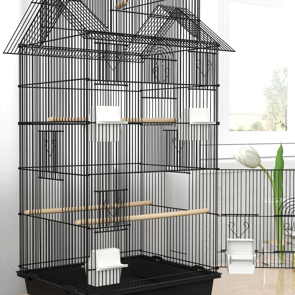 Metal Bird Cage with Swing, Perch, Food Containers & Tray for Finches Canaries 43x32.5x104cm - Black