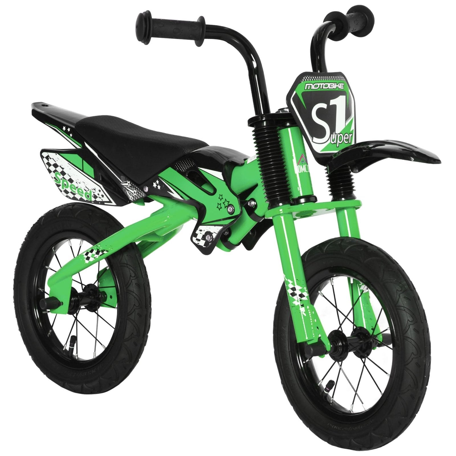 12" Kids Balance Bike, No Pedal Training Bicycle, Motorbike Look, Steel Frame with Air Filled Tire, Handlebar, PU Seat for 3 - 6 Years Old, Green - Bedzy UK modern and affordable home furniture England