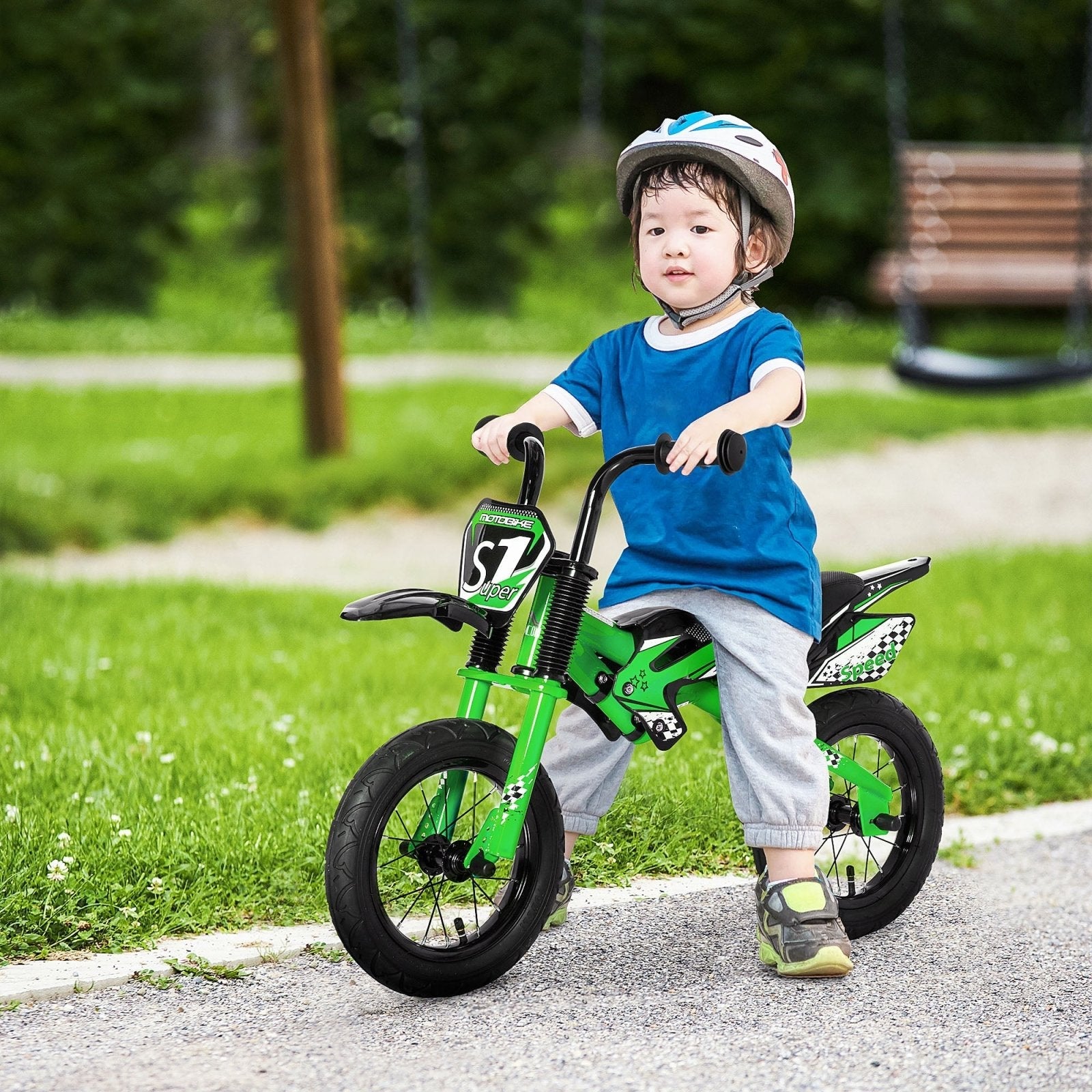 12" Kids Balance Bike, No Pedal Training Bicycle, Motorbike Look, Steel Frame with Air Filled Tire, Handlebar, PU Seat for 3 - 6 Years Old, Green - Bedzy UK modern and affordable home furniture England