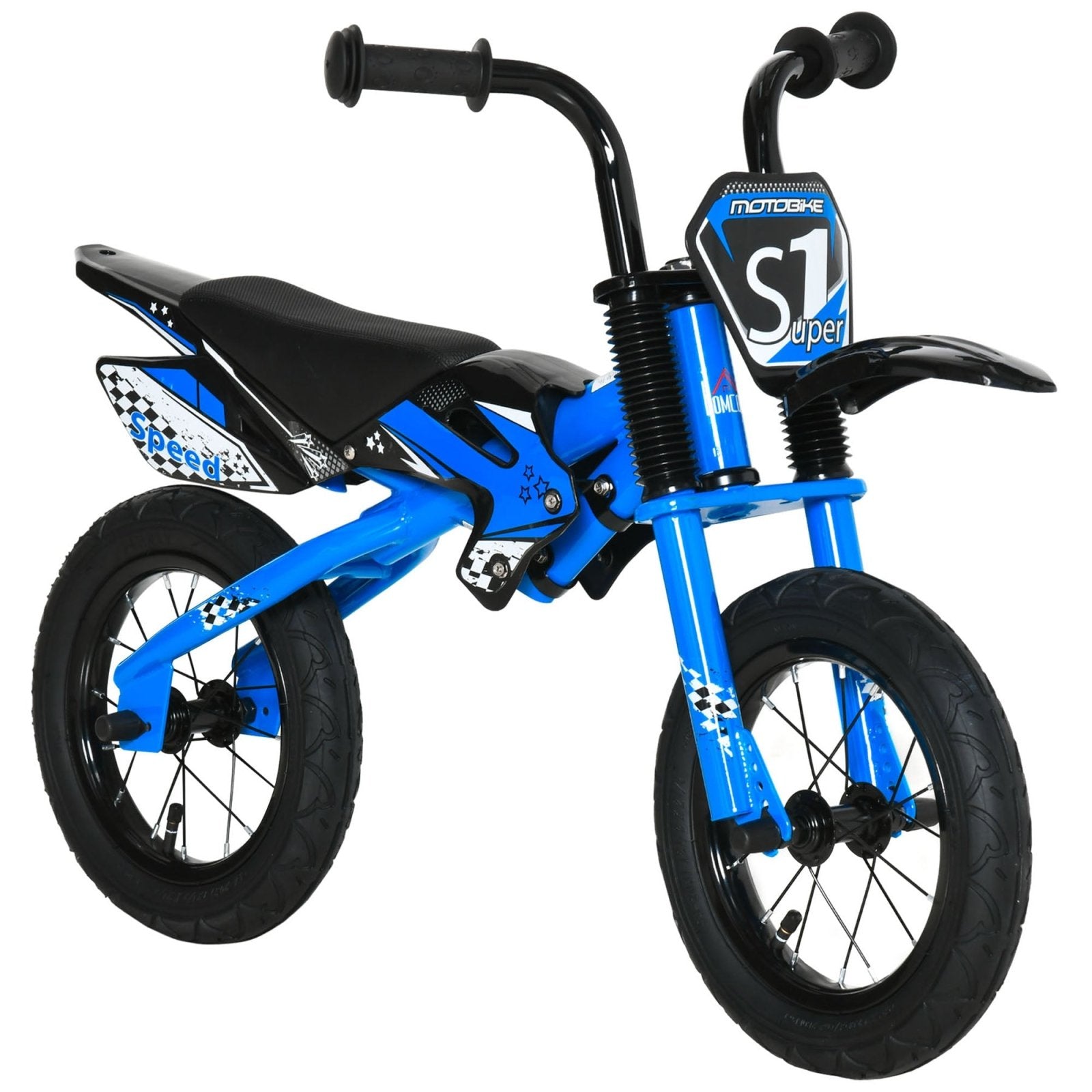 12" Kids Balance Bike, No Pedal Training Bicycle, Motorbike Look, Steel Frame with Air Filled Tires, Handlebar, PU Seat for 3 - 6 Years Old, Blue - Bedzy UK modern and affordable home furniture England