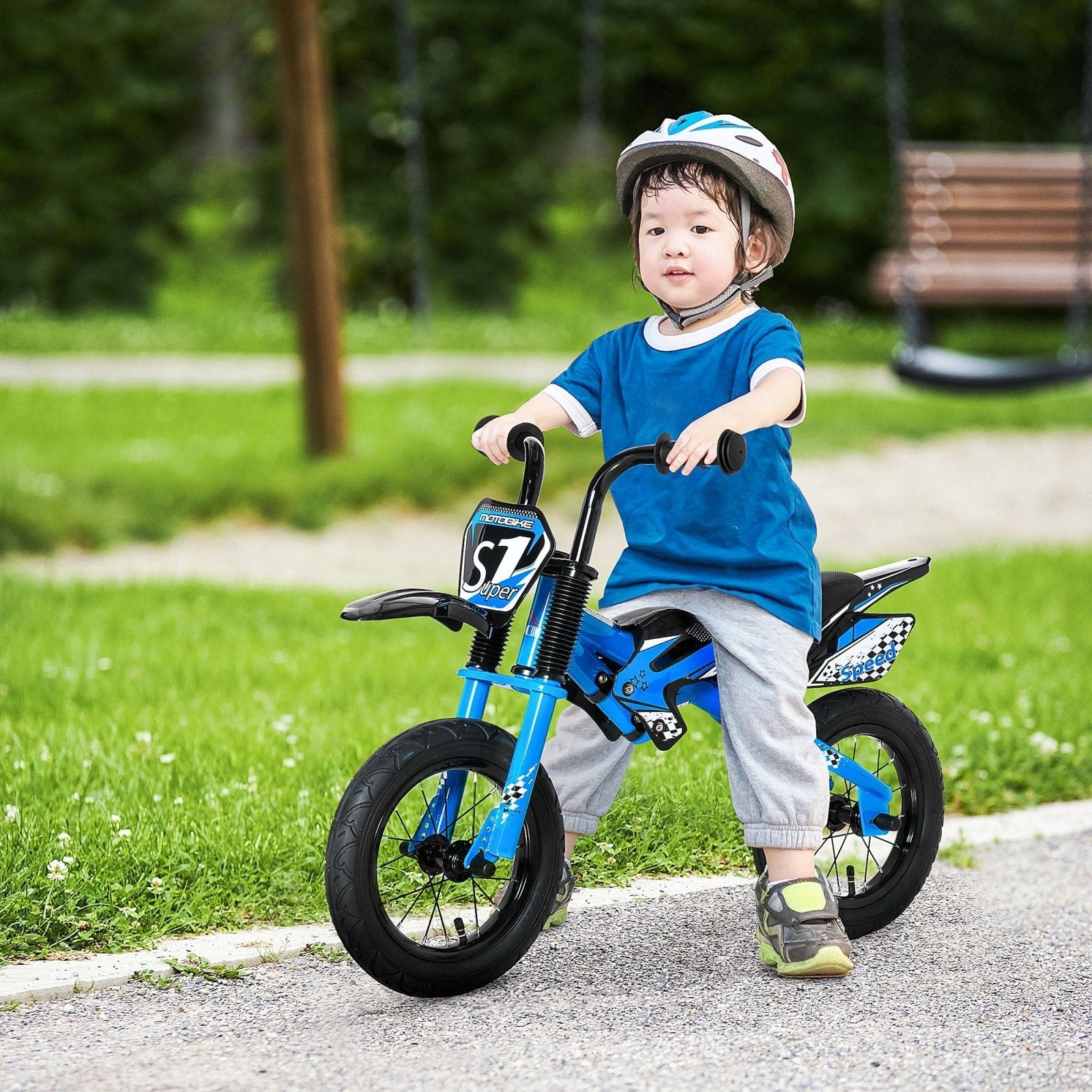 12" Kids Balance Bike, No Pedal Training Bicycle, Motorbike Look, Steel Frame with Air Filled Tires, Handlebar, PU Seat for 3 - 6 Years Old, Blue - Bedzy UK modern and affordable home furniture England