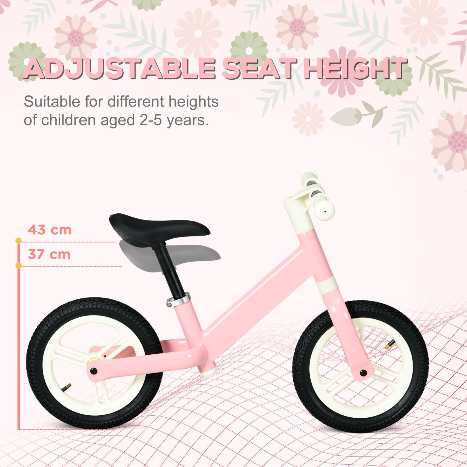 12" Kids Balance Bike, No Pedal Training Bike for Children with Adjustable Seat, 360° Rotation Handlebars - Pink - Bedzy UK modern and affordable home furniture England