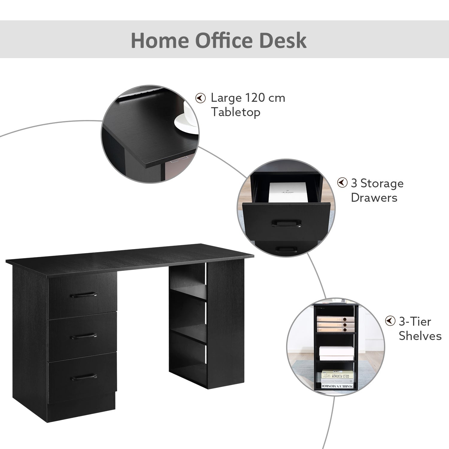 120cm Computer Desk with Storage Shelves Drawers, Writing Table Study Workstation for Home Office, Black - Bedzy UK modern and affordable home furniture England