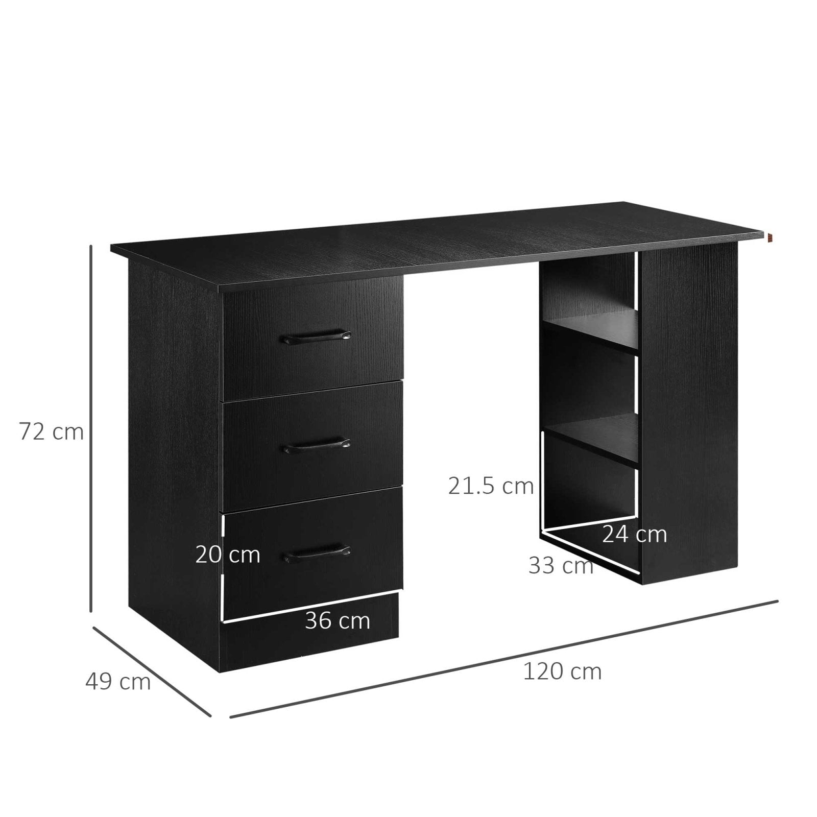 120cm Computer Desk with Storage Shelves Drawers, Writing Table Study Workstation for Home Office, Black - Bedzy UK modern and affordable home furniture England