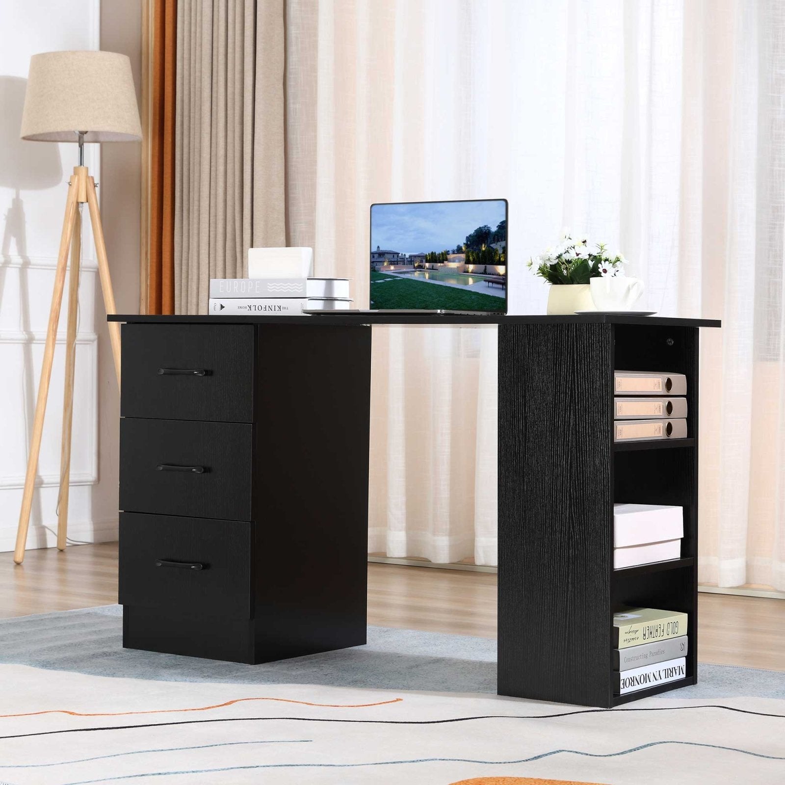 120cm Computer Desk with Storage Shelves Drawers, Writing Table Study Workstation for Home Office, Black - Bedzy UK modern and affordable home furniture England