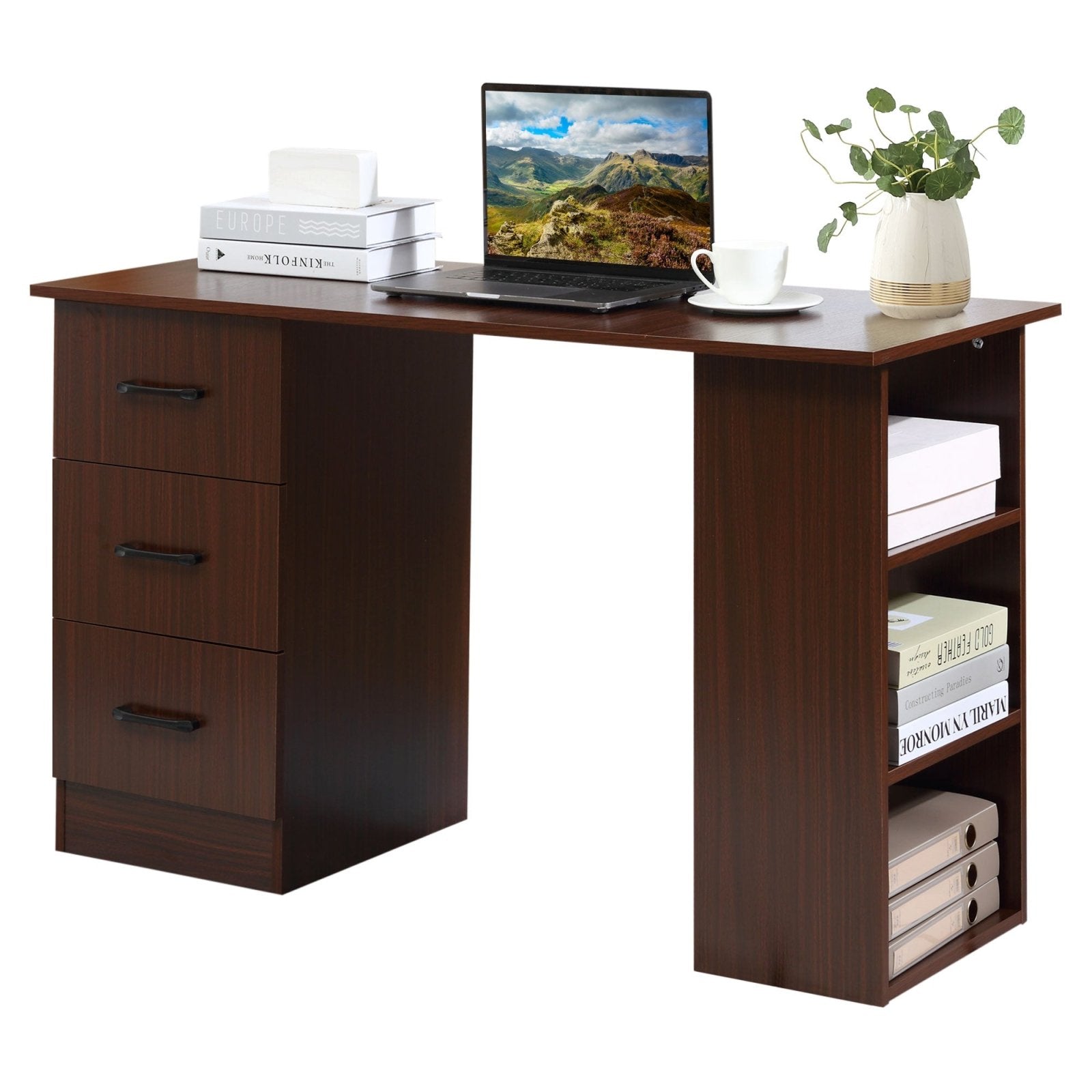 120cm Computer Desk with Storage Shelves Drawers, Writing Table Study Workstation for Home Office, Walnut Brown - Bedzy UK modern and affordable home furniture England