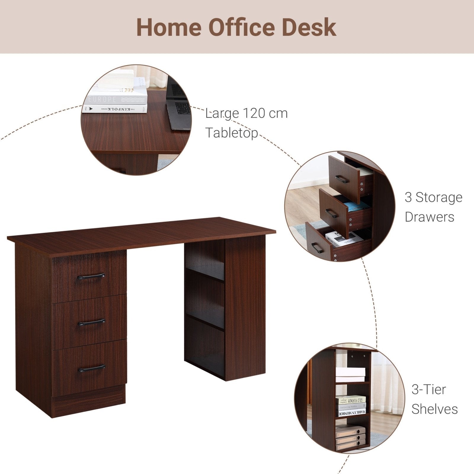 120cm Computer Desk with Storage Shelves Drawers, Writing Table Study Workstation for Home Office, Walnut Brown - Bedzy UK modern and affordable home furniture England