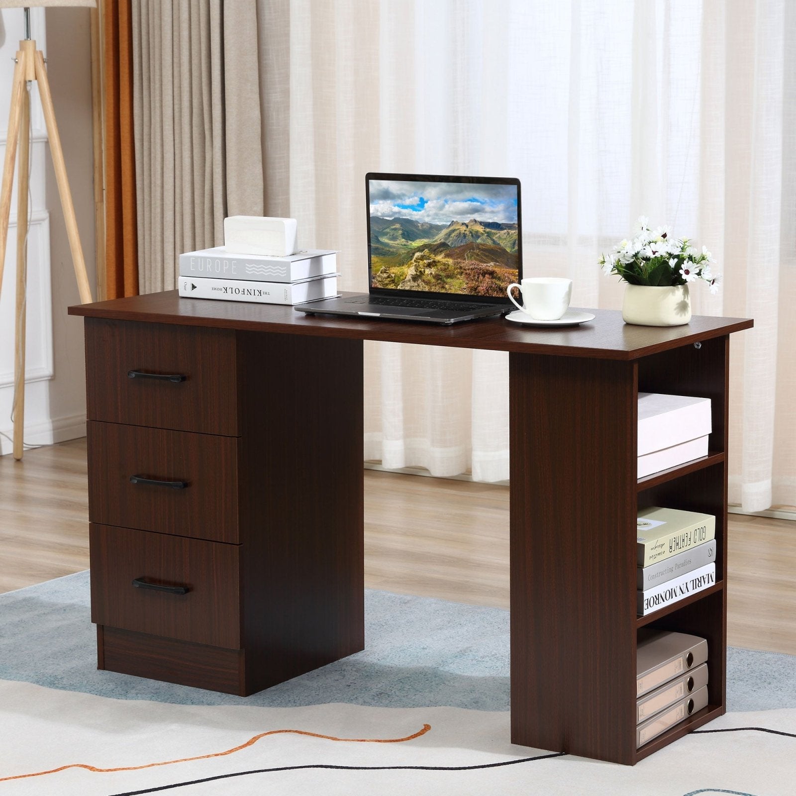 120cm Computer Desk with Storage Shelves Drawers, Writing Table Study Workstation for Home Office, Walnut Brown - Bedzy UK modern and affordable home furniture England