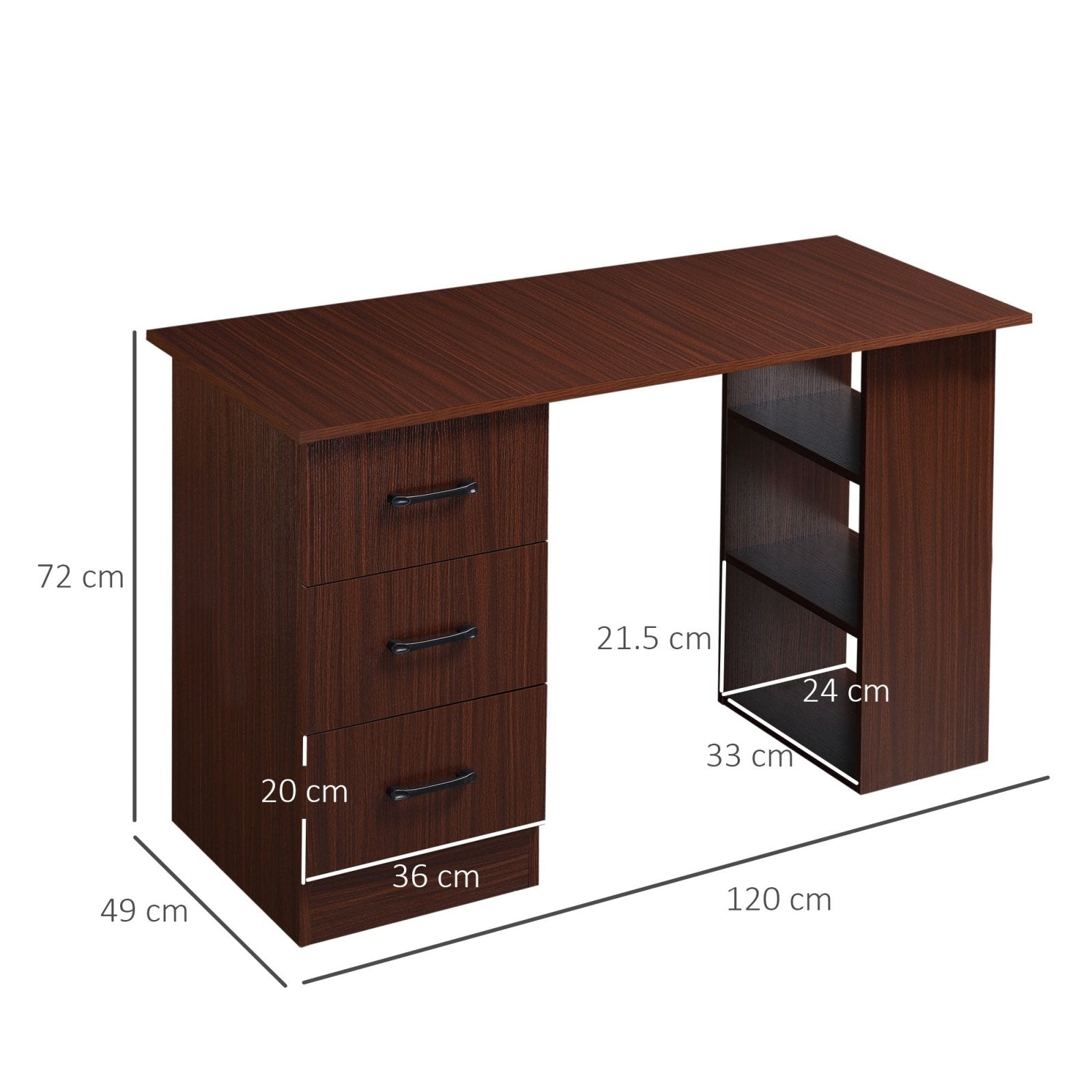 120cm Computer Desk with Storage Shelves Drawers, Writing Table Study Workstation for Home Office, Walnut Brown - Bedzy UK modern and affordable home furniture England