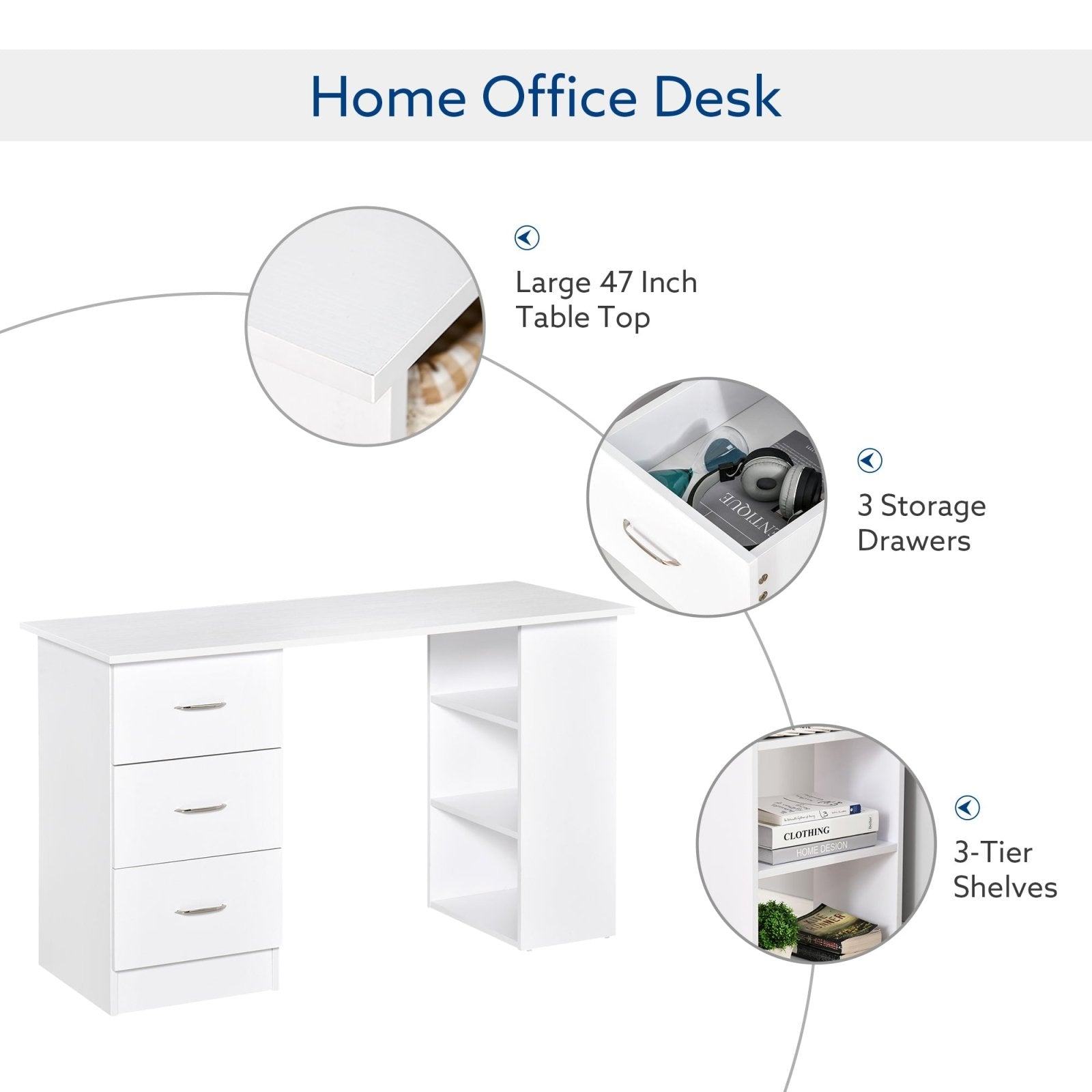 120cm Computer Desk Writing Table PC Workstation Study Laptop Stationery w/ 3 Shelf & Drawers White - Bedzy UK modern and affordable home furniture England