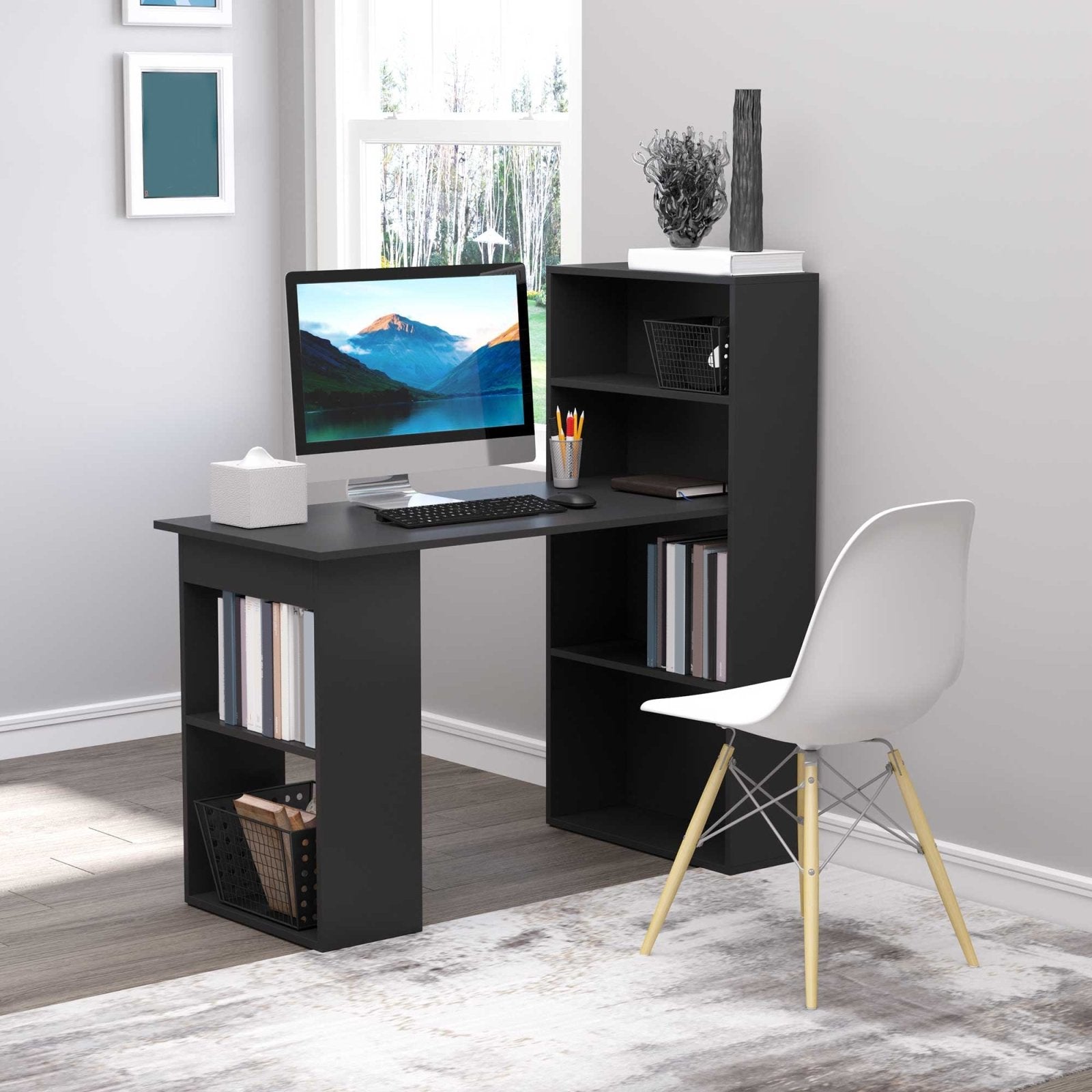 120cm Modern Computer Desk Bookshelf Writing Table Workstation PC Laptop Study Home Office 6 Shelves Black - Bedzy UK modern and affordable home furniture England