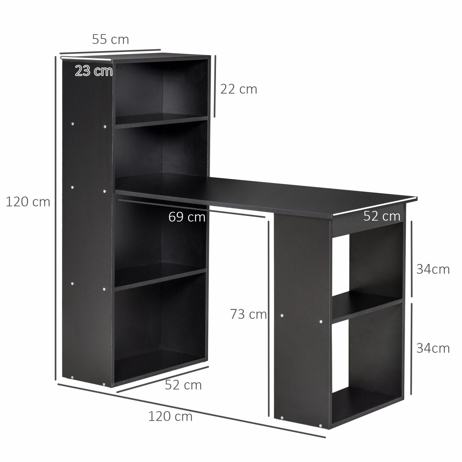 120cm Modern Computer Desk Bookshelf Writing Table Workstation PC Laptop Study Home Office 6 Shelves Black - Bedzy UK modern and affordable home furniture England