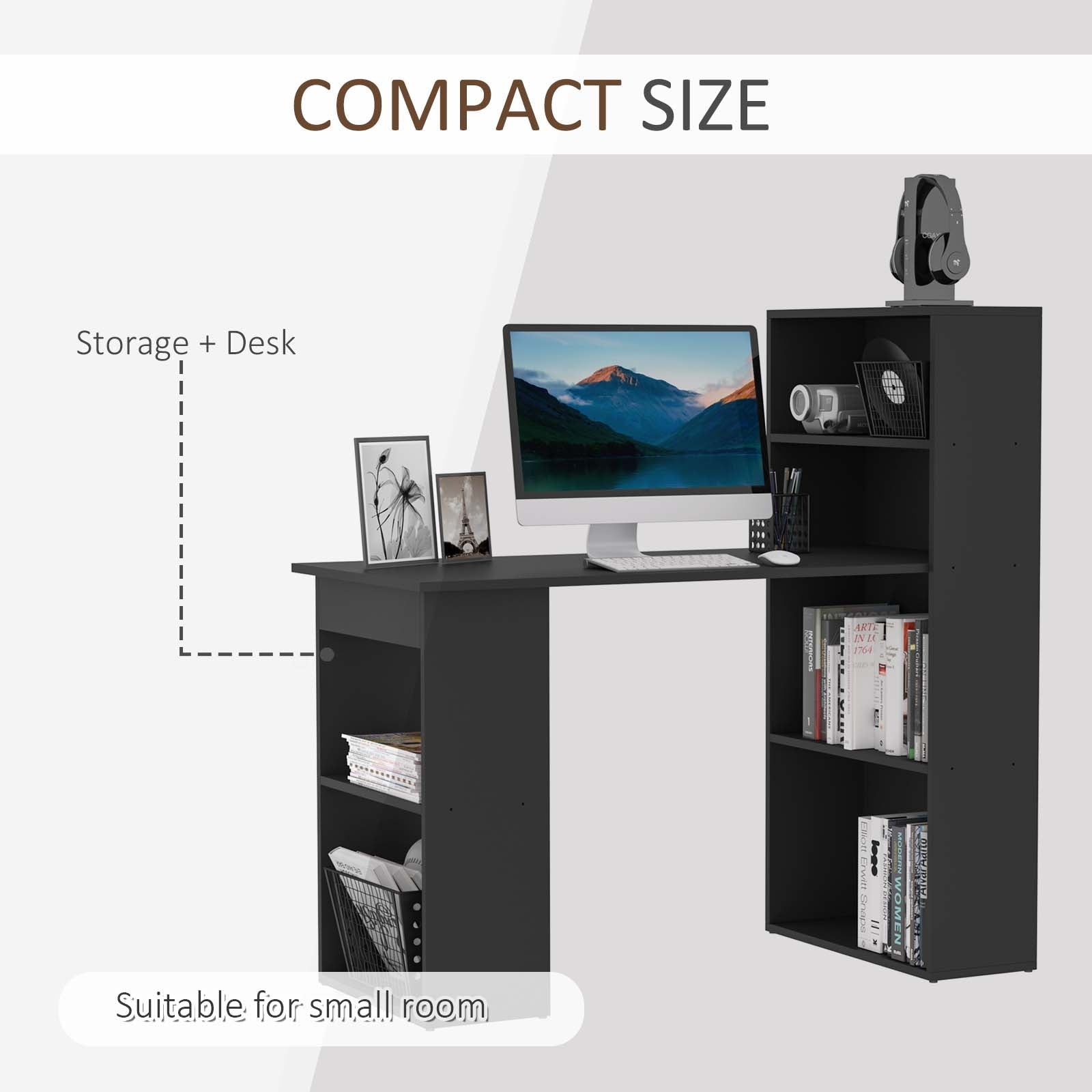 120cm Modern Computer Desk Bookshelf Writing Table Workstation PC Laptop Study Home Office 6 Shelves Black - Bedzy UK modern and affordable home furniture England