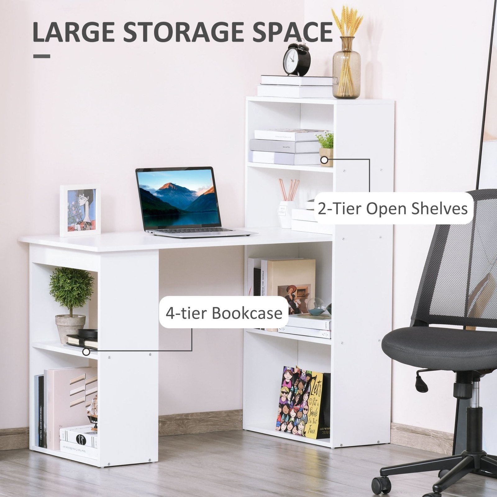 120cm Modern Computer Desk Bookshelf Writing Table Workstation PC Laptop Study Home Office 6 Shelves White - Bedzy UK modern and affordable home furniture England