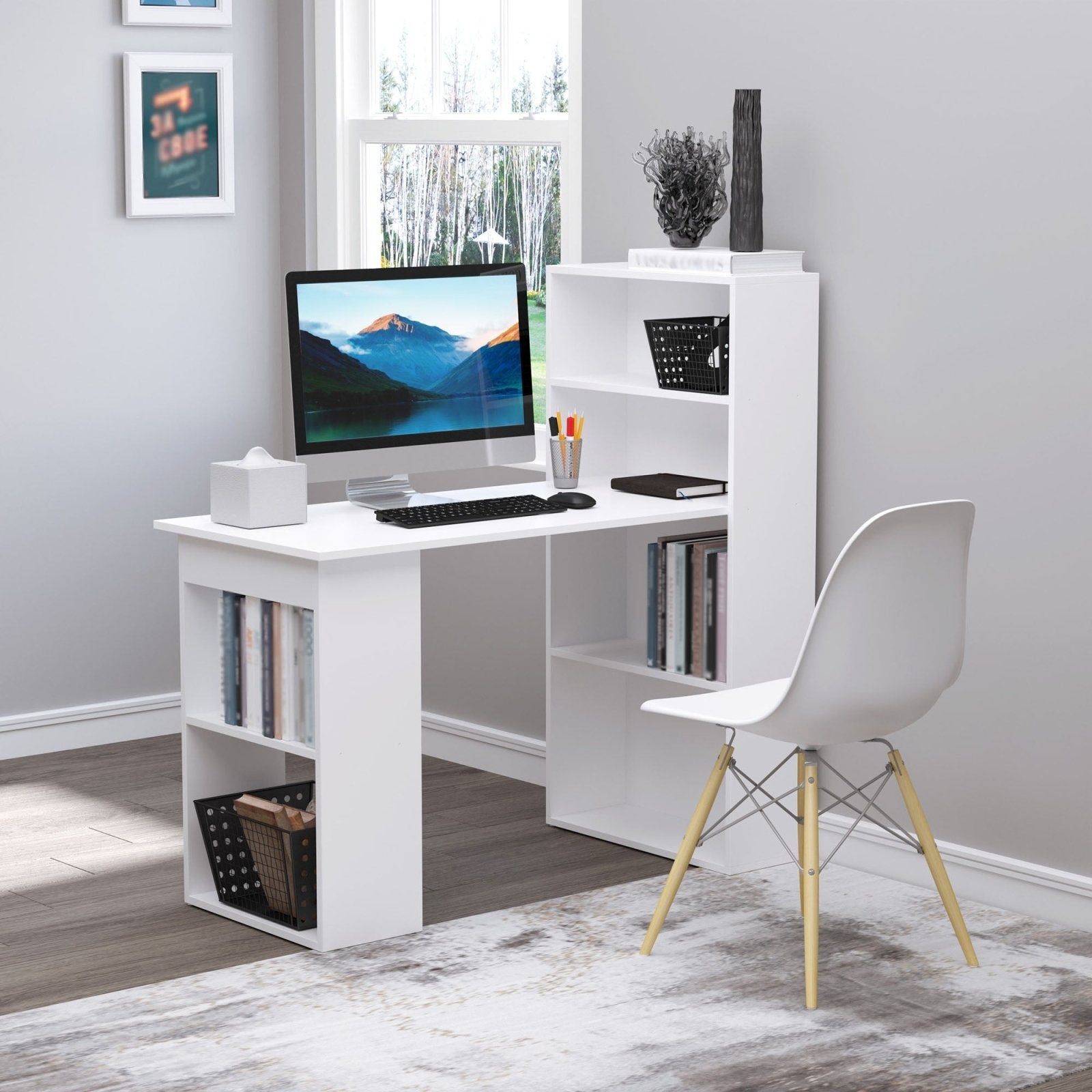 120cm Modern Computer Desk Bookshelf Writing Table Workstation PC Laptop Study Home Office 6 Shelves White - Bedzy UK modern and affordable home furniture England