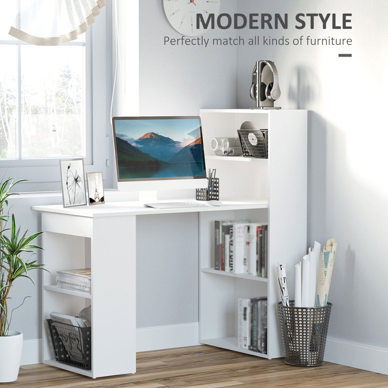 120cm Modern Computer Desk Bookshelf Writing Table Workstation PC Laptop Study Home Office 6 Shelves White - Bedzy UK modern and affordable home furniture England