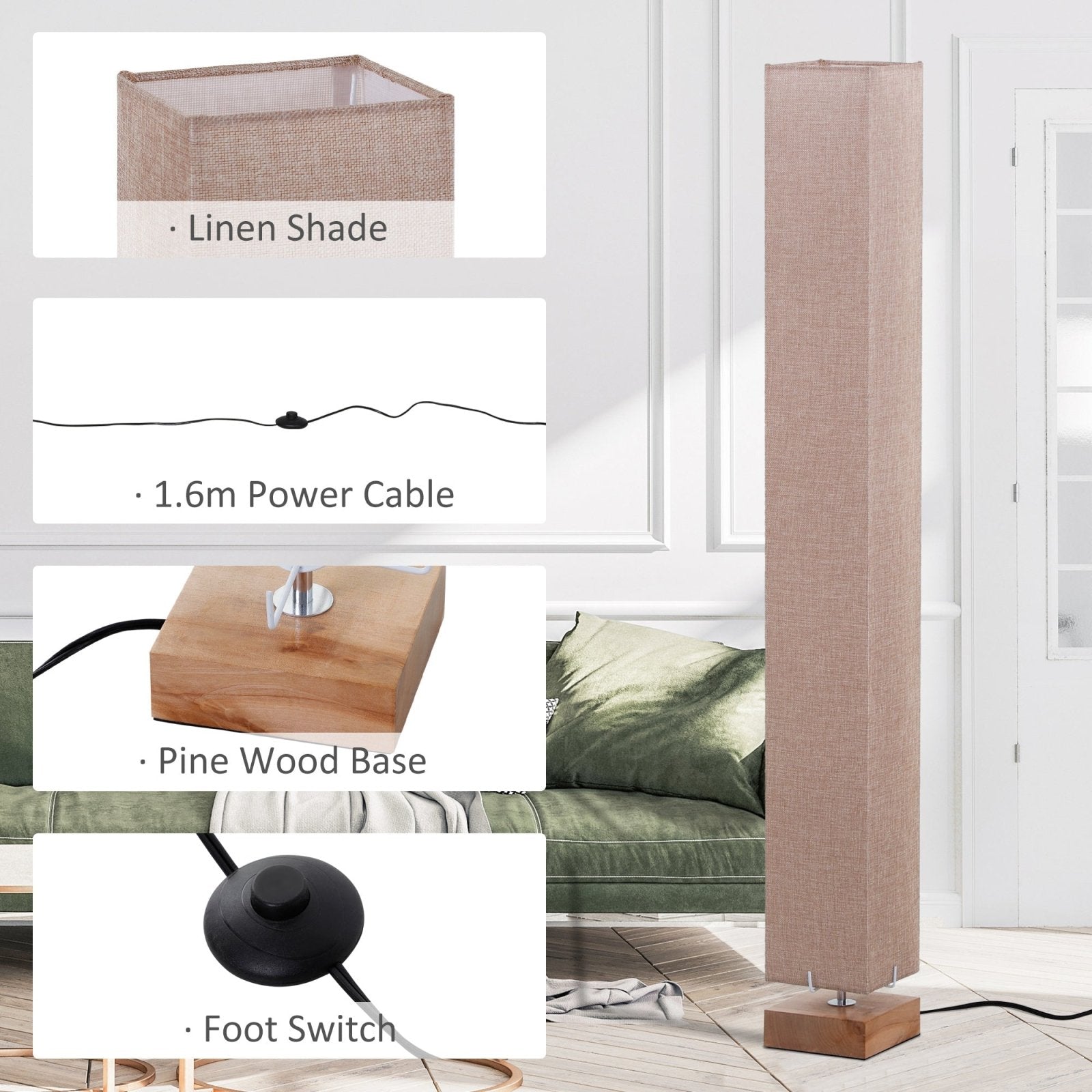 120cm Tall Linen Floor Lamp w/ Wood Base Steel Frame 2 Bulbs Home Lighting Soft Atmospheric Stylish Modern Bedroom Land Cream - Bedzy UK modern and affordable home furniture England