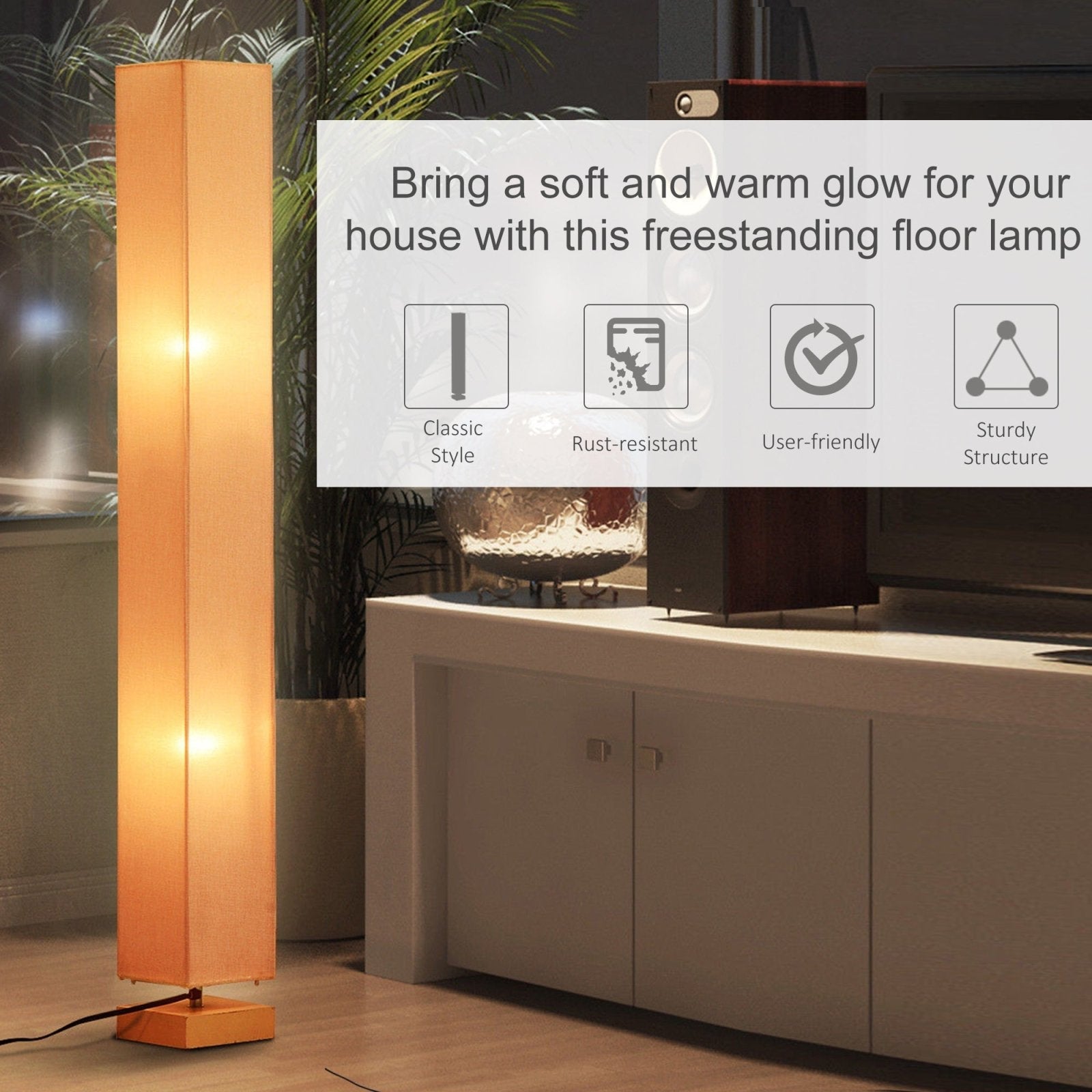 120cm Tall Linen Floor Lamp w/ Wood Base Steel Frame 2 Bulbs Home Lighting Soft Atmospheric Stylish Modern Bedroom Land Cream - Bedzy UK modern and affordable home furniture England