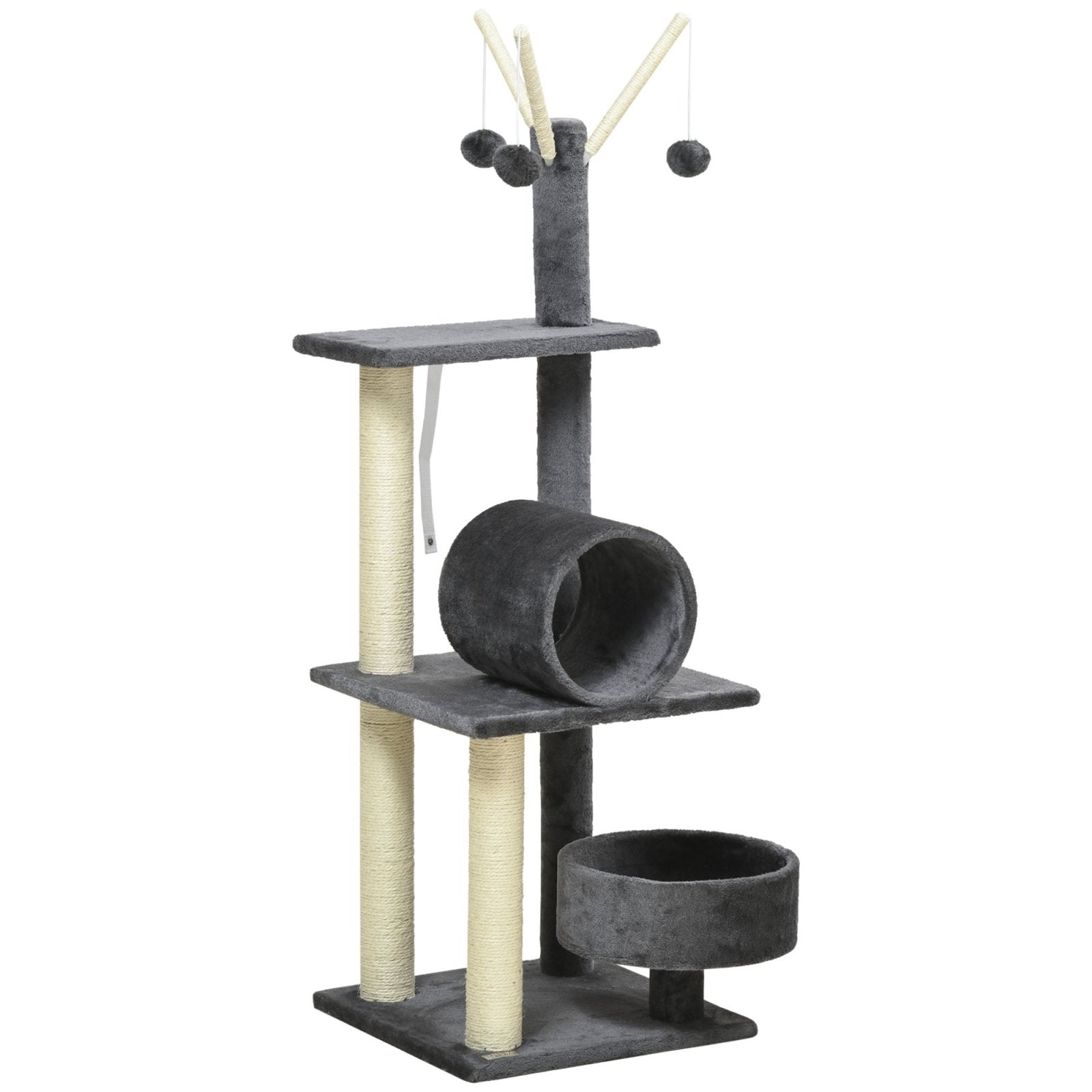 121cm Cat Tree Tower for Indoor Cats Kitten Activity Center Scratching Post with Bed Tunnel Perch Interactive Ball Toy, Grey - Bedzy UK modern and affordable home furniture England