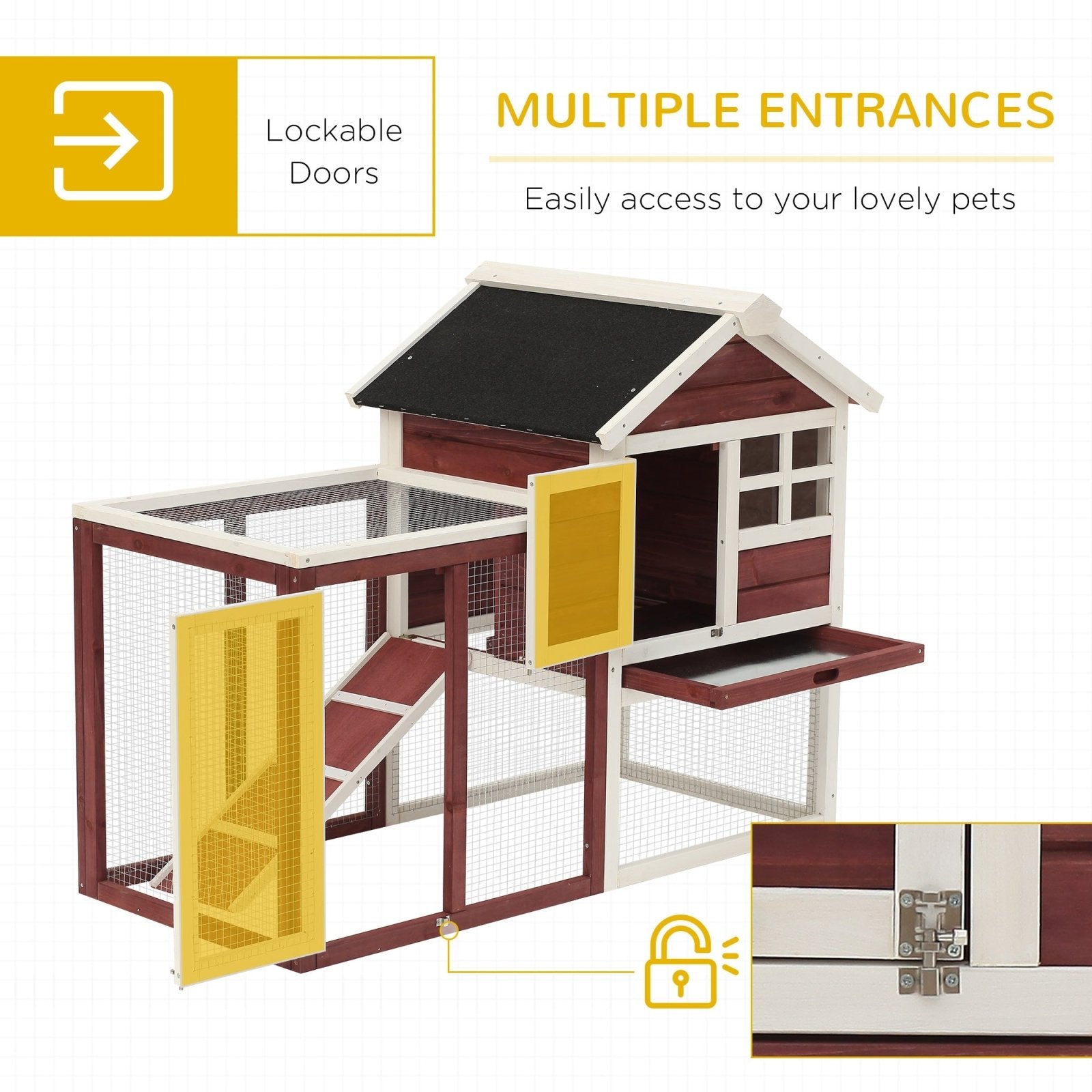 122 Wooden Rabbit Hutch Bunny Cage with Waterproof Asphalt Roof, Fun Outdoor Run, Removable Tray and Ramp, Brown - Bedzy UK modern and affordable home furniture England