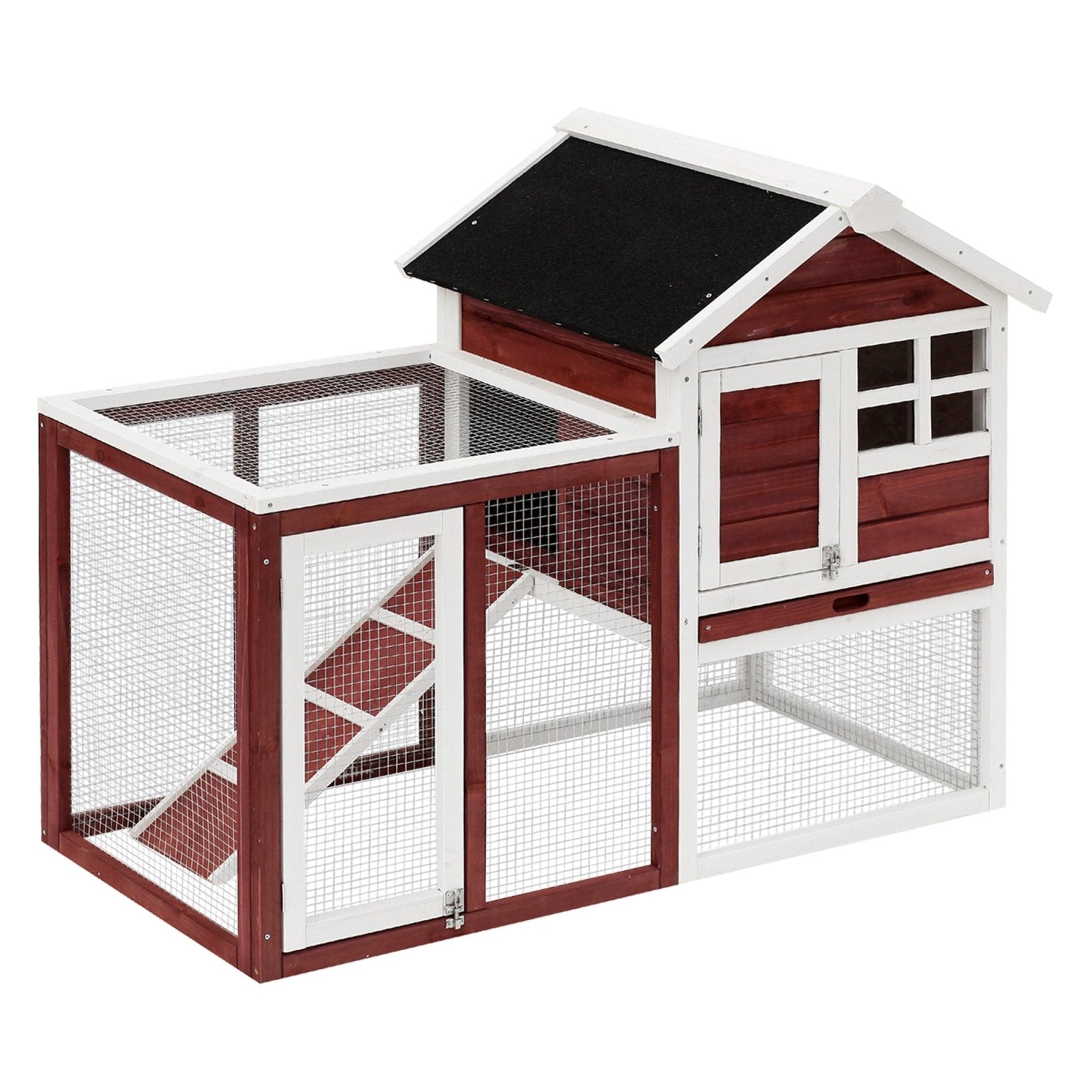 122 Wooden Rabbit Hutch Bunny Cage with Waterproof Asphalt Roof, Fun Outdoor Run, Removable Tray and Ramp, Brown - Bedzy UK modern and affordable home furniture England