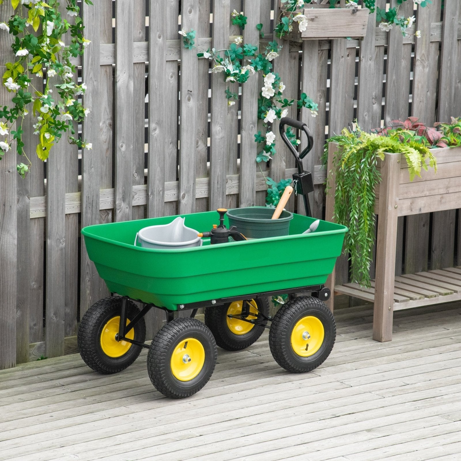 125 Litre Large Garden Cart Heavy Duty 4 Wheel Trolley Dump Wheelbarrow Tipping Truck Trailer - Green - Bedzy UK modern and affordable home furniture England