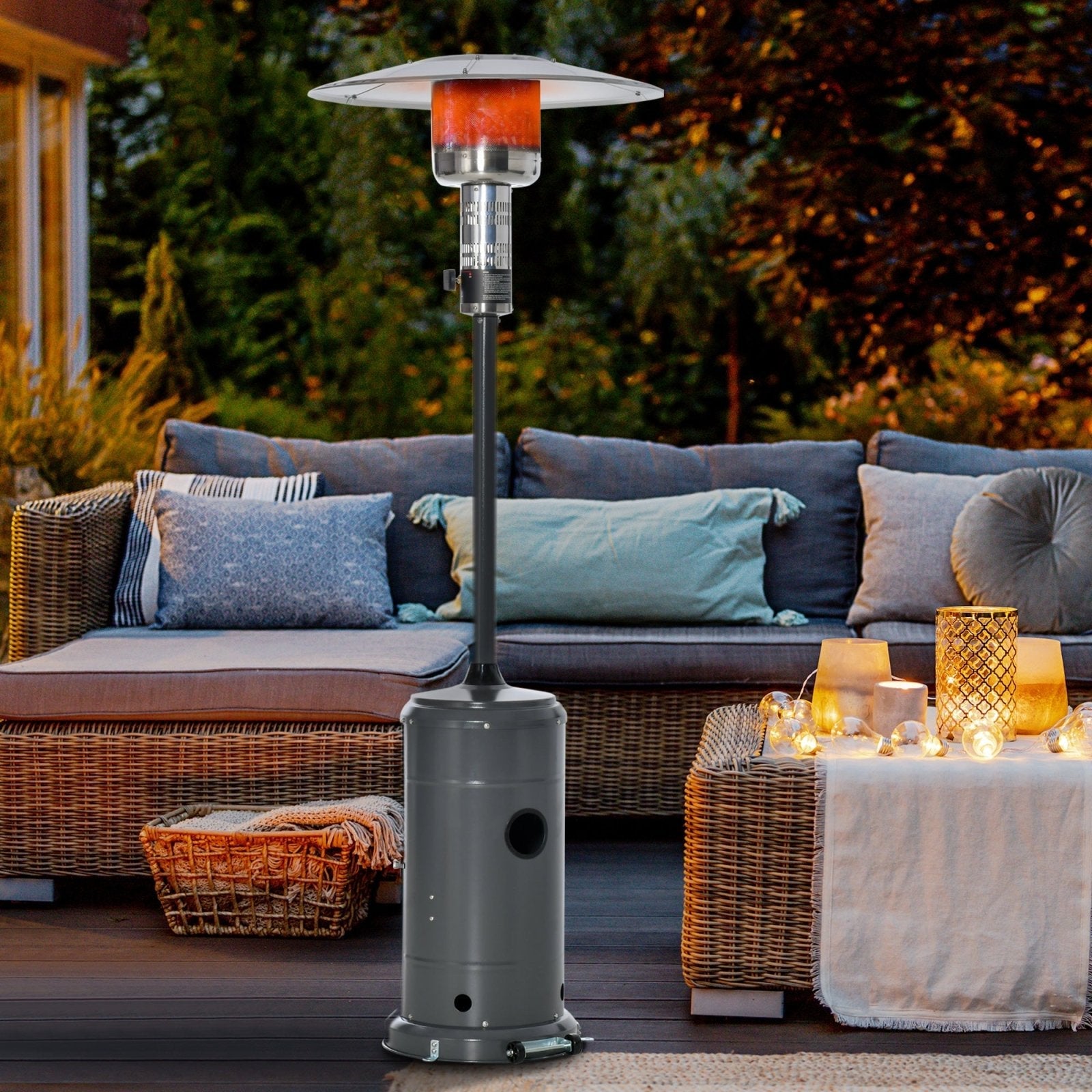 12.5KW Outdoor Gas Patio Heater Freestanding Propane Heater with Wheels, Dust Cover, Regulator and Hose, Charcoal Grey - Bedzy UK modern and affordable home furniture England