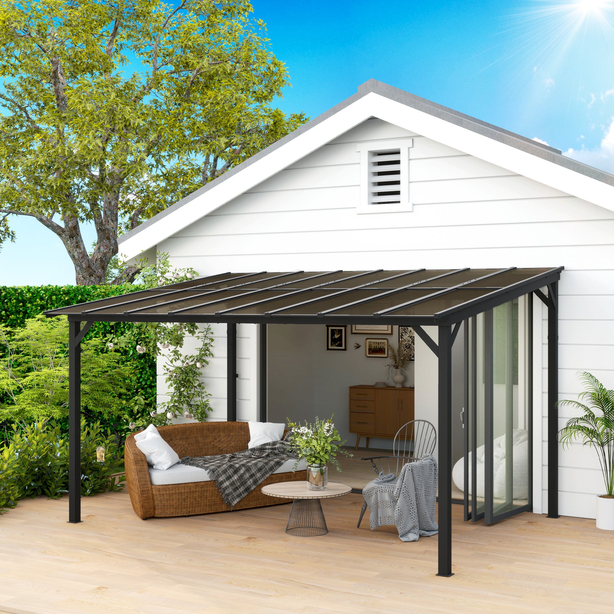 3 x 4.3m Metal Pergola with UPF 50+ and Waterproof Polycarbonate Roof, Wall-Mounted or Free Standing Garden Gazebo, Wind-resistant Outdoor Sun Shade, Dark Grey