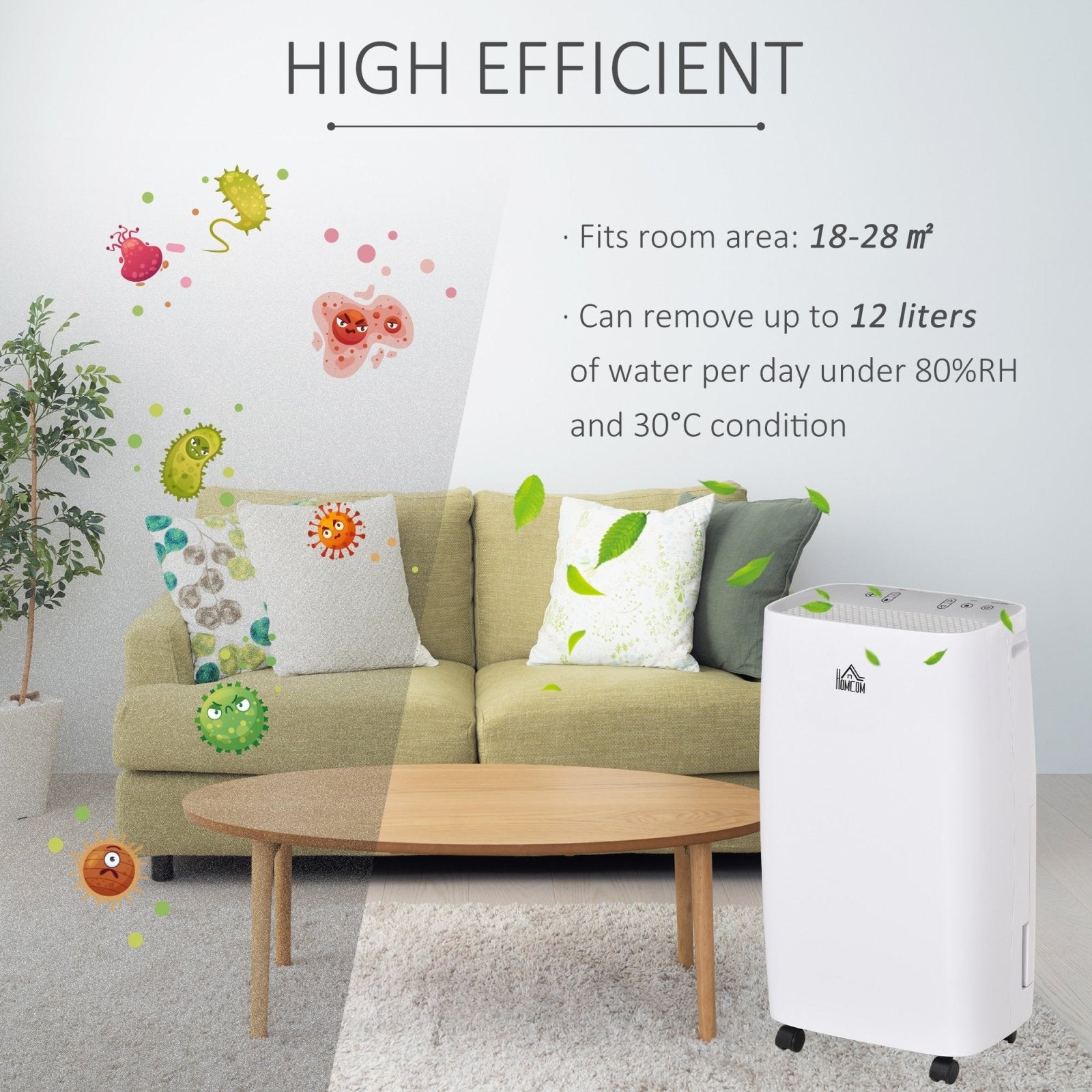 12L/Day Portable Dehumidifier for Home w/ 24H Timer, Humidity Display, 2 Speed Modes, 2500ml Electric Air Dehumidifier w/ Four Wheels, White - Bedzy UK modern and affordable home furniture England