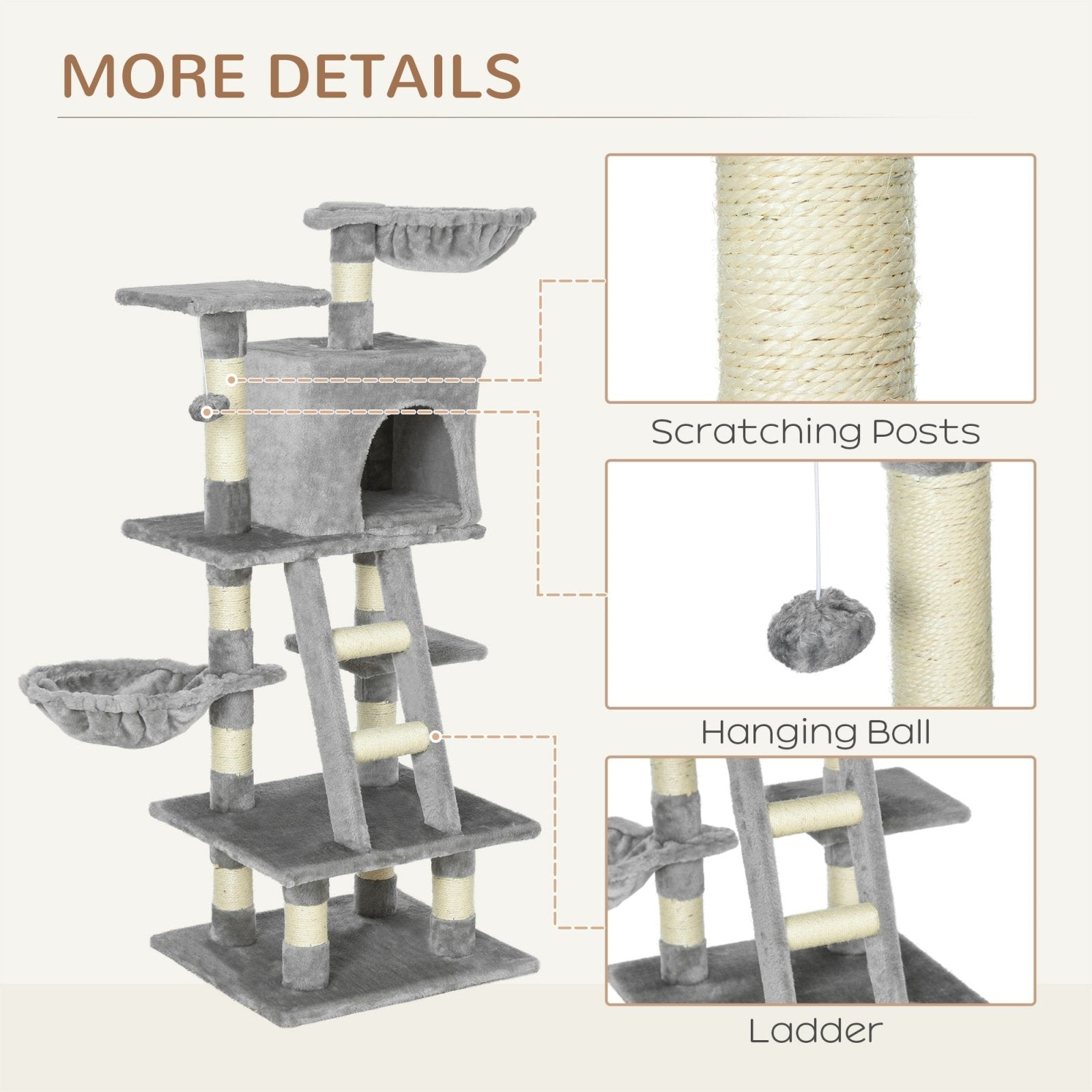 1.2m Plush Cat Tree Activity Center with Sisal Scratching Posts Basket Perch Condo, Light Gray - Bedzy UK modern and affordable home furniture England