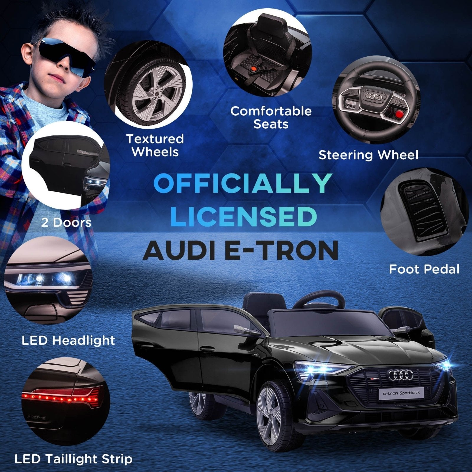 12V Audi E - tron Licensed Ride On Car, Two Motors Battery Powered Toy with Remote Control, Lights, Music, Horn, Black - Bedzy UK modern and affordable home furniture England