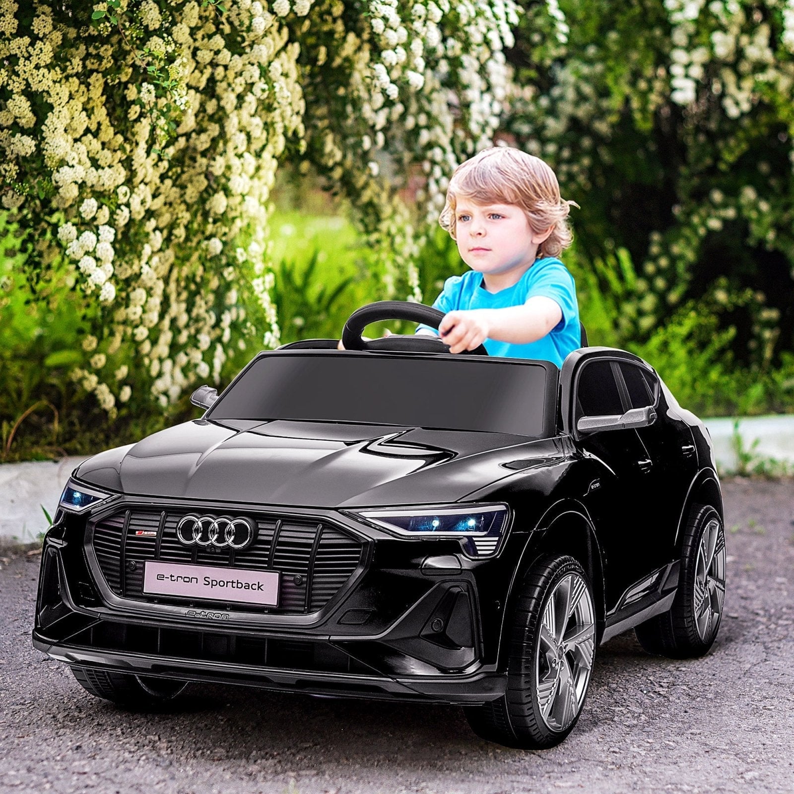 12V Audi E - tron Licensed Ride On Car, Two Motors Battery Powered Toy with Remote Control, Lights, Music, Horn, Black - Bedzy UK modern and affordable home furniture England