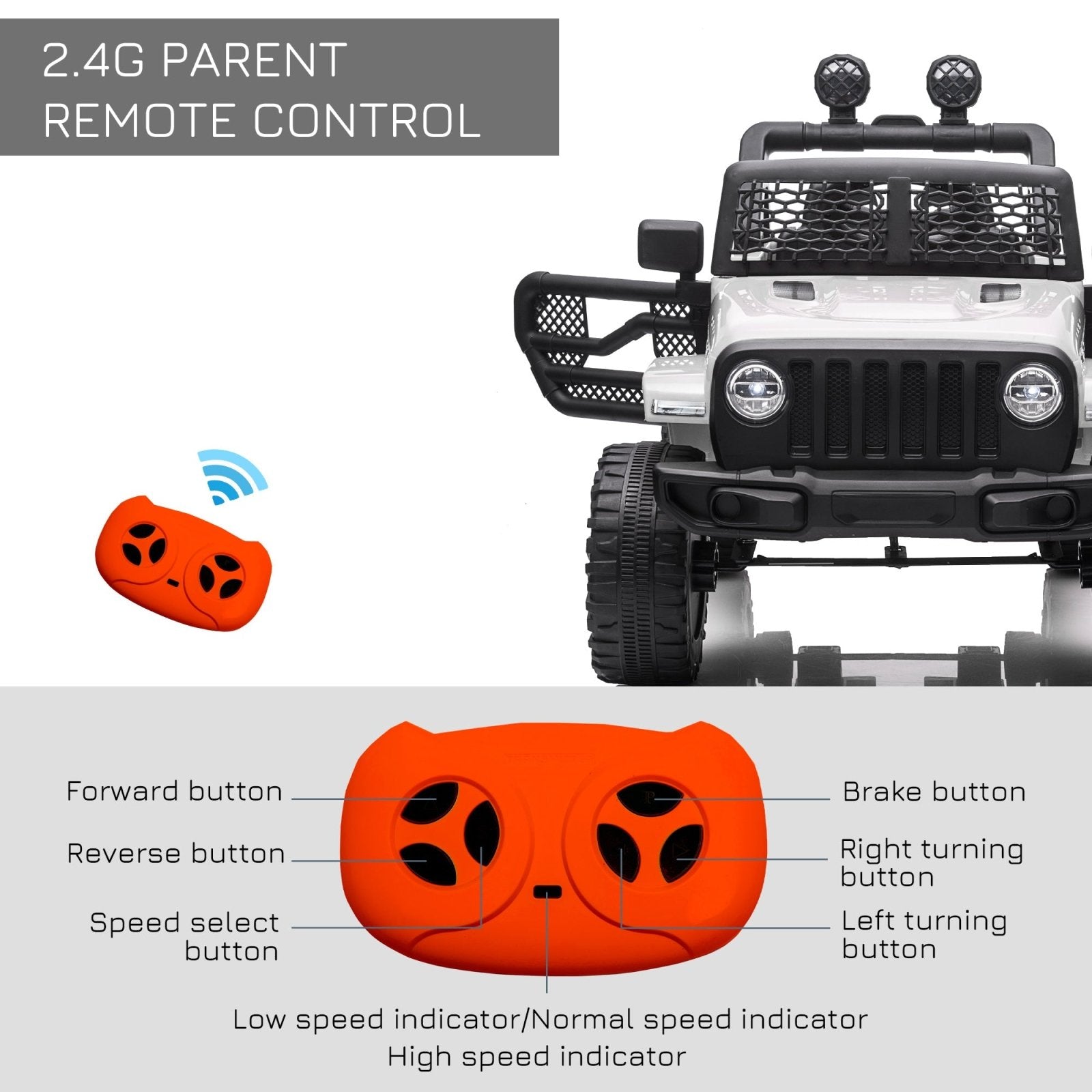 12V Battery - powered 2 Motors Kids Electric Ride On Car Truck Off - road Toy with Parental Remote Control Horn Lights for 3 - 6 Years Old White - Bedzy UK modern and affordable home furniture England