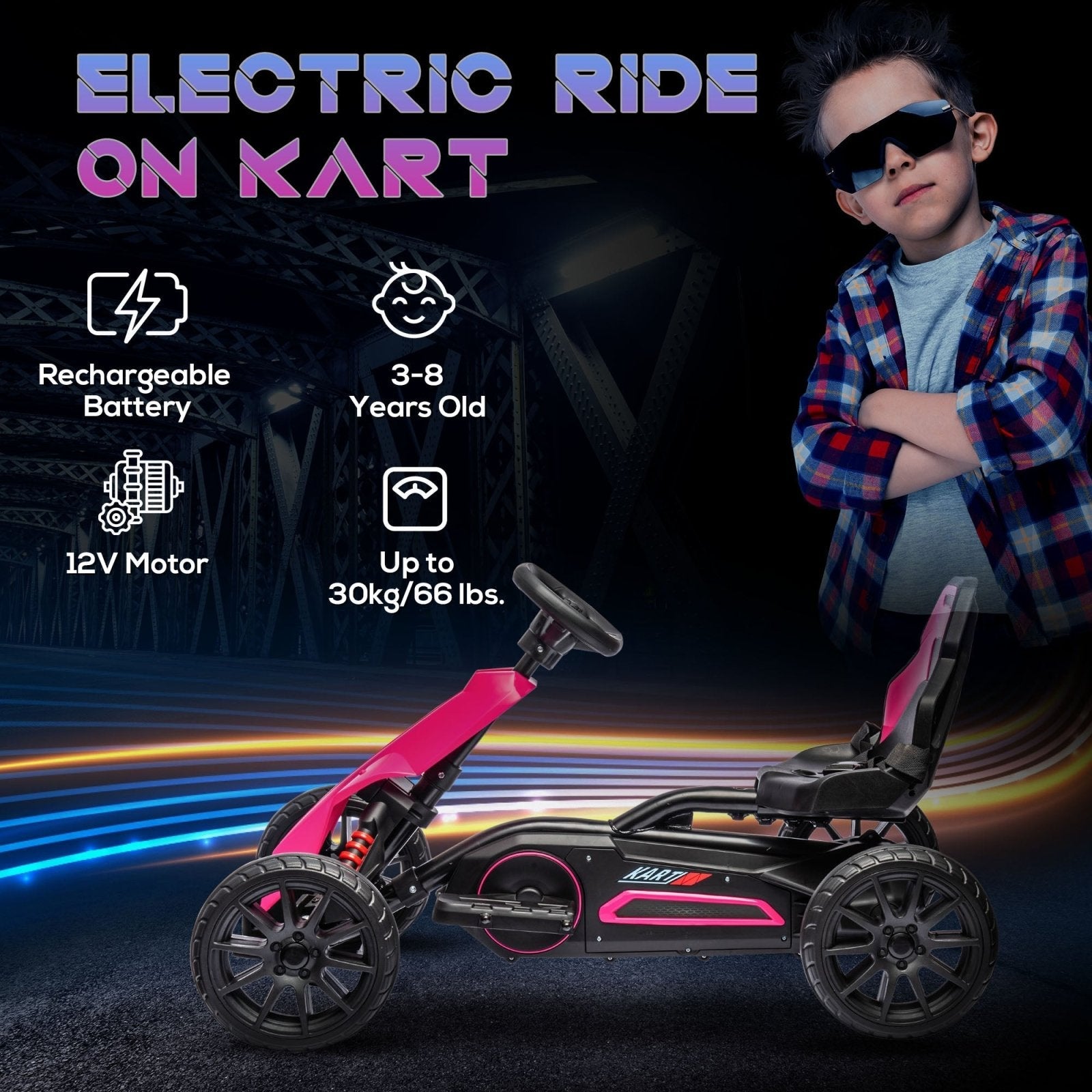 12V Electric Go Kart for Kids, Ride - On Racing Go Kart w/ Forward Reversing, Rechargeable Battery, 2 Speeds, for Kids Aged 3 - 8, Pink - Bedzy UK modern and affordable home furniture England